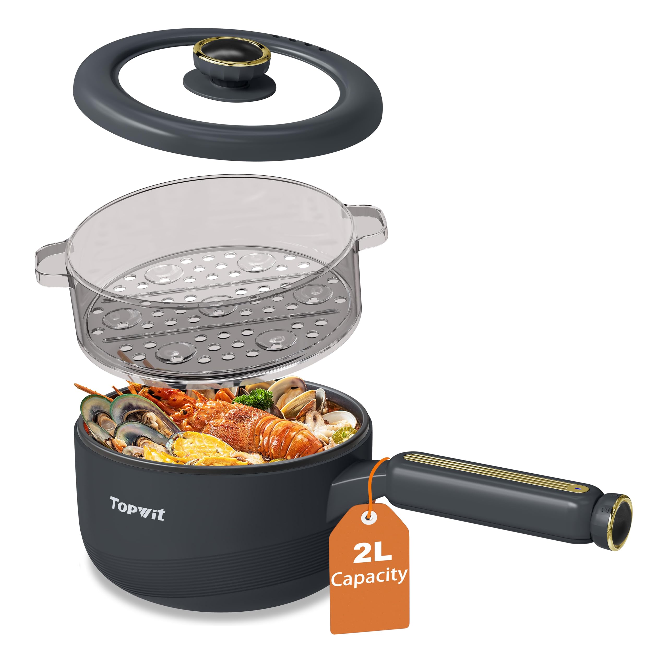 TOPWIT 2L Hot Pot Electric with Steamer, NonStick Portable Ramen Cooker