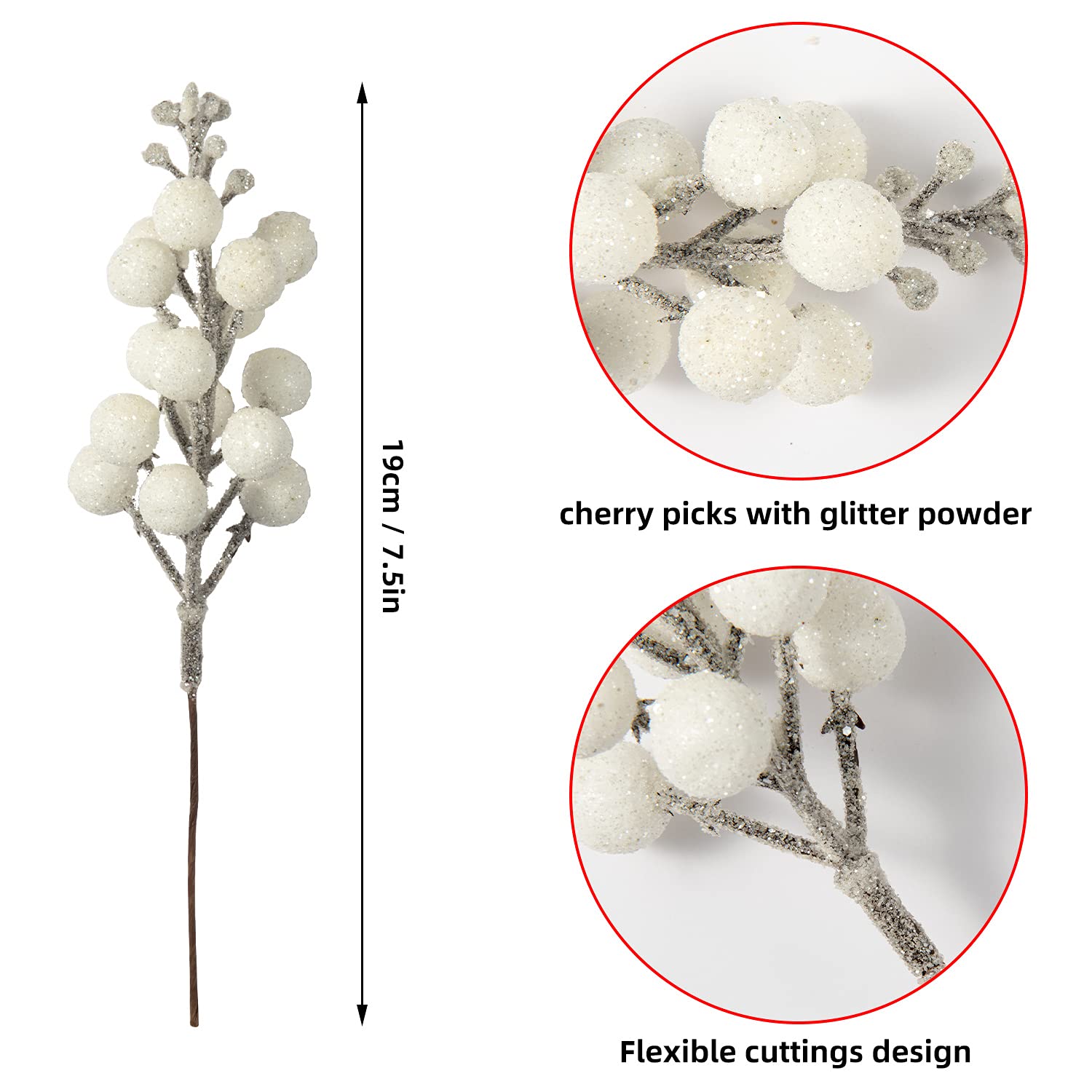 Crafare 24 Pack 7.5Inch Christmas Glitter Berries Stems Artificial Christmas Picks for Christmas Tree Ornaments  DIY Xmas Wreath  Crafts  Holiday and Home Decor  White