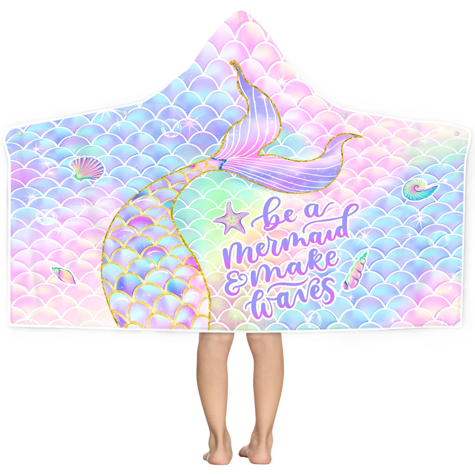 Bonsai Tree Mermaid Beach Towel, Mermaid Tail Towel For Girls With Hood, Kids Bath Hooded Poncho 30 X 50, Pink Scales Microfiber