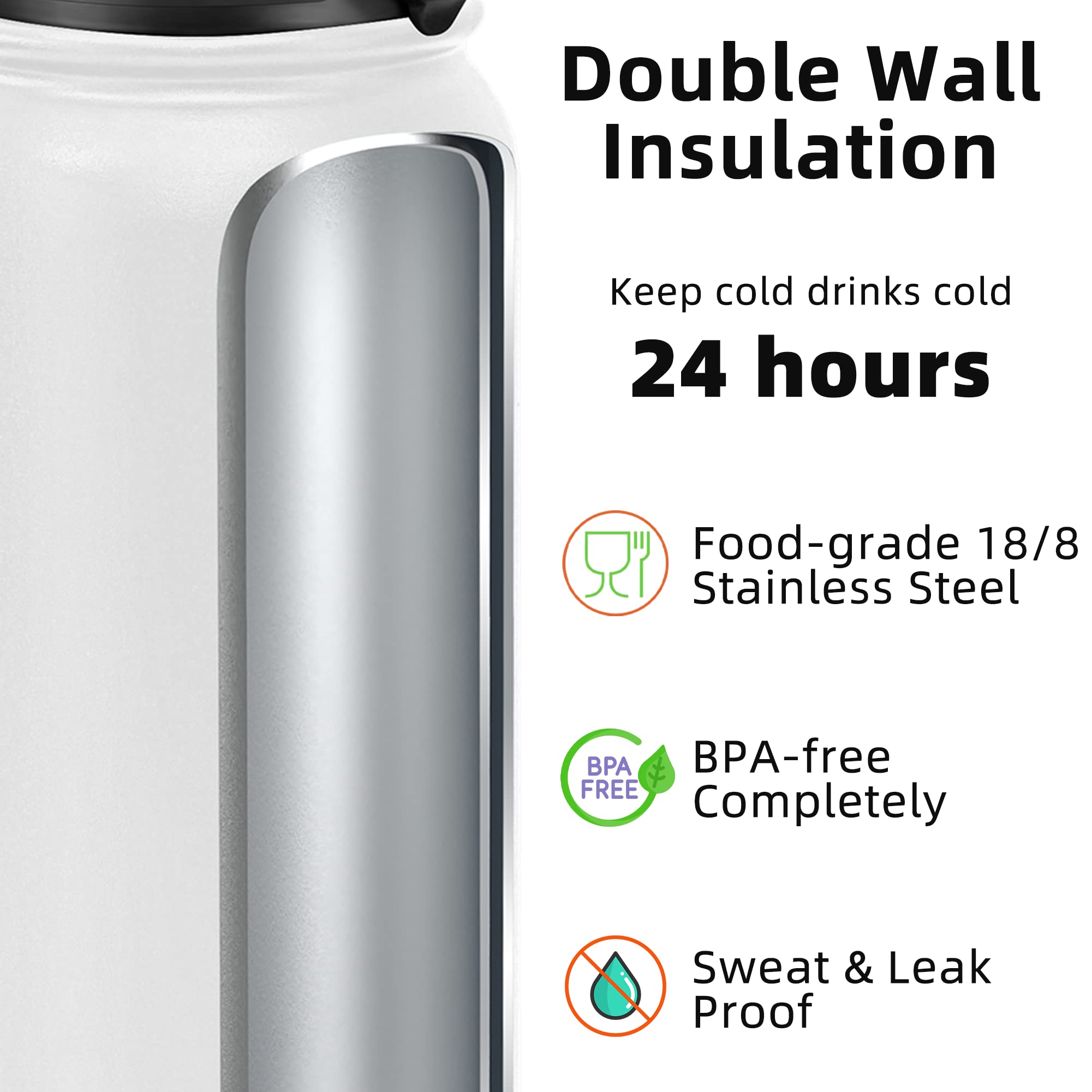Fanhaw 20 Oz Insulated Stainless Steel Water Bottle With Chug Lid - Leak & Sweat Proof With Anti-Dust Lid (White)