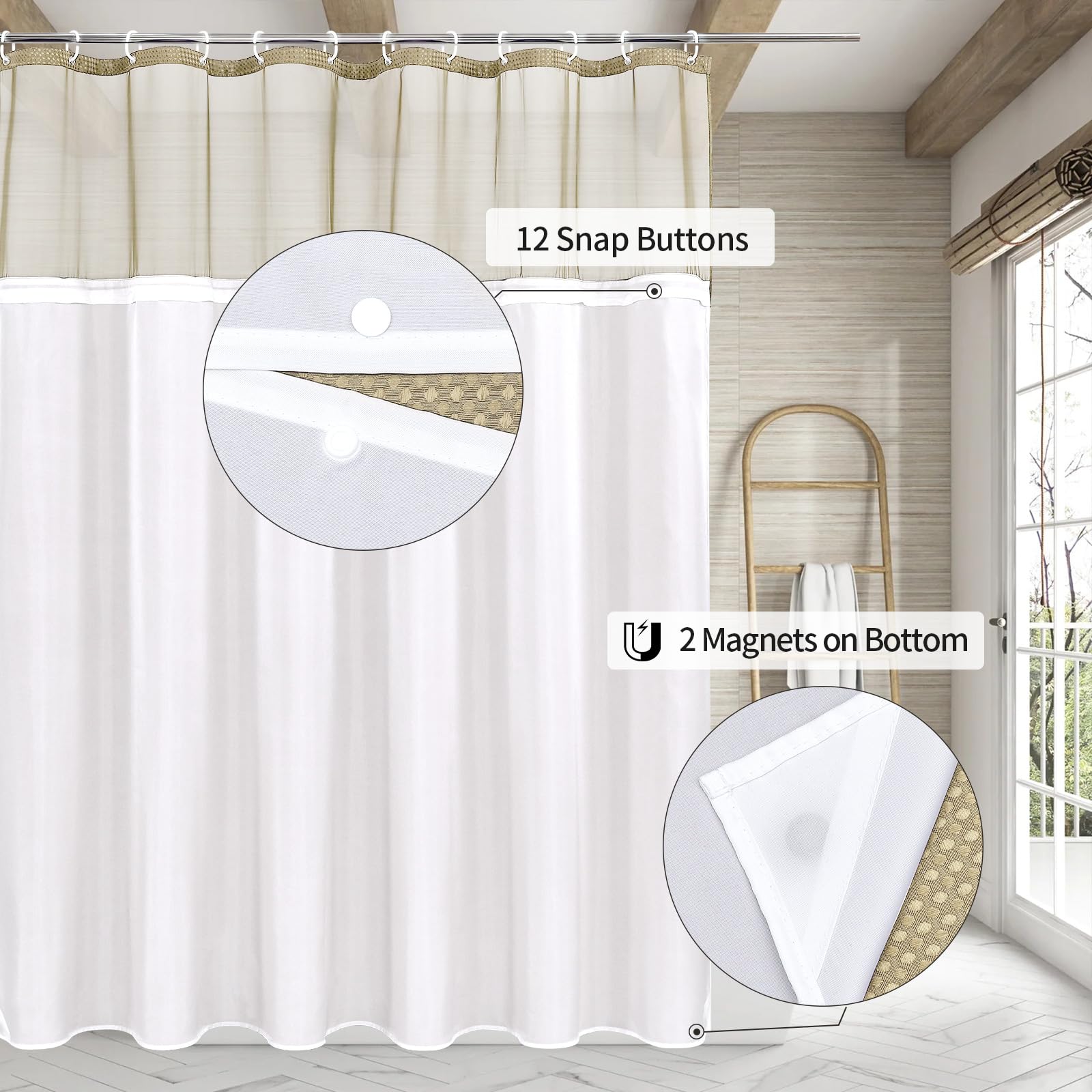 MitoVilla Beige Waffle Shower Curtain with Snap-in Liner  Modern Waffle Weave Fabric Shower Curtain for Luxury Hotel & Spa Bathroom Decor  72 x 72  Beige/Khaki
