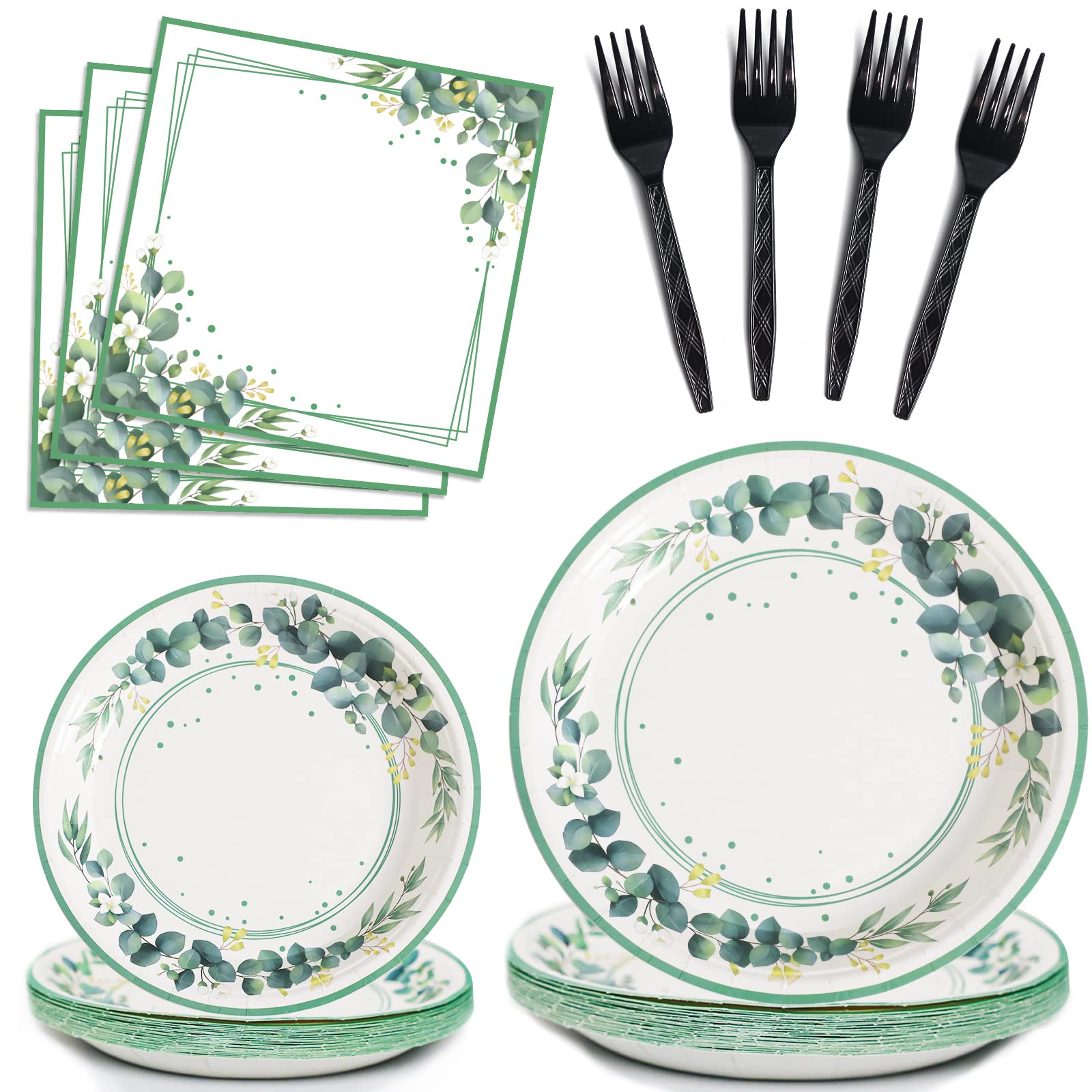 96 Pieces Sage Greenery Party Supplies Tableware Set Eucalyptus Leaf Jungle Theme Party Table Decorations Bridal Baby Shower Saf