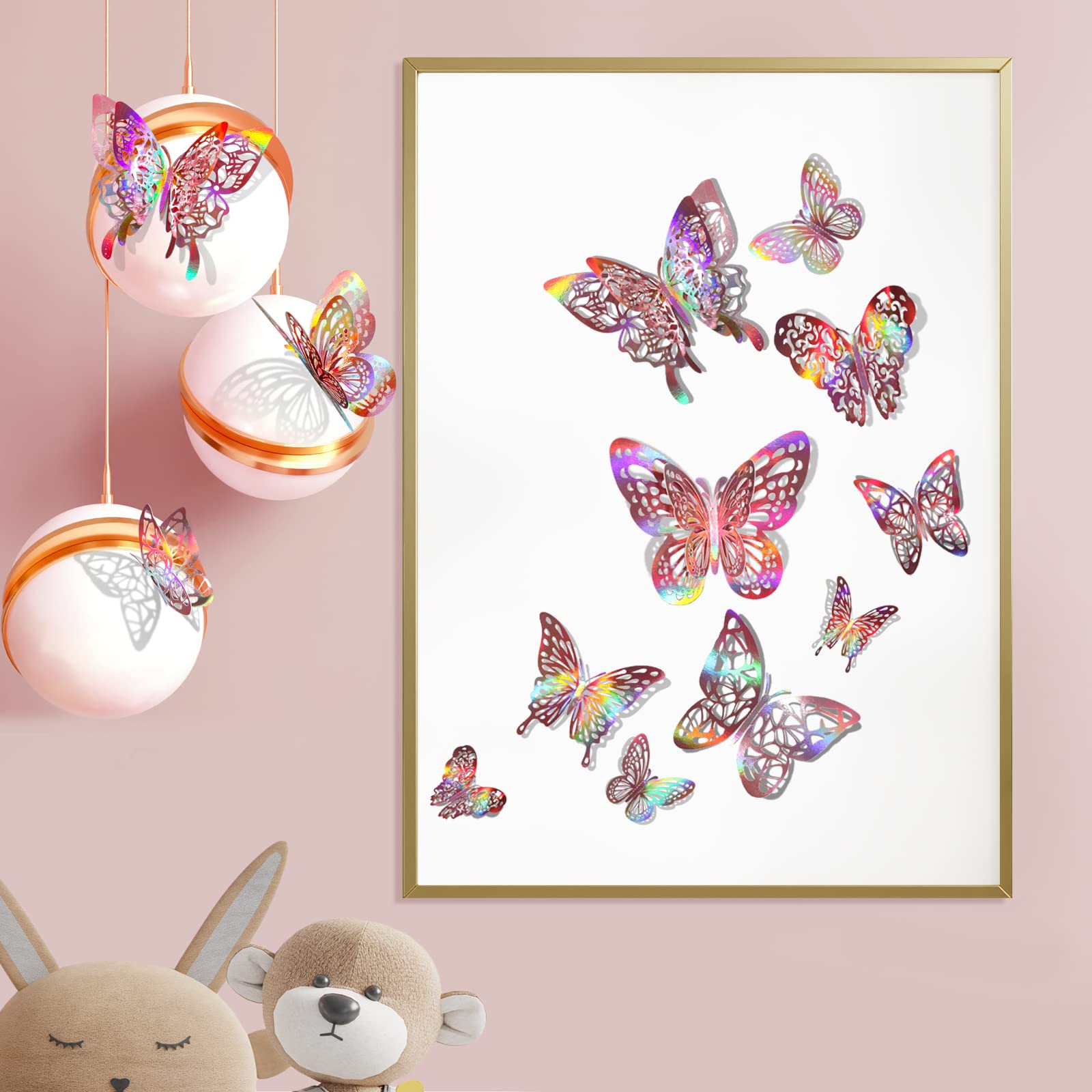 60 Pcs 3D Butterfly Wall Decor Stickers Iridescent Rose Gold Butterfly Decorations Party  Holographic Butterflies Decor Butterfly Decals for Kids Bedroom Classroom Wedding Decor DIY Gift