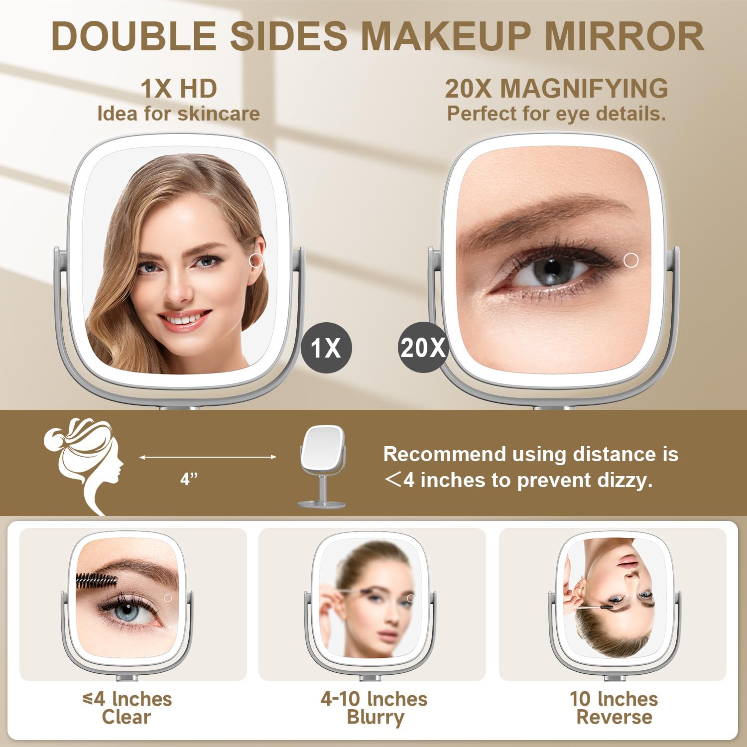 Mocado Makeup Mirror With Lights, 1X/20X Magnifying Mirror With Light, Vanity Mirror With 3 Colors Lights, Height Adjustable Lig