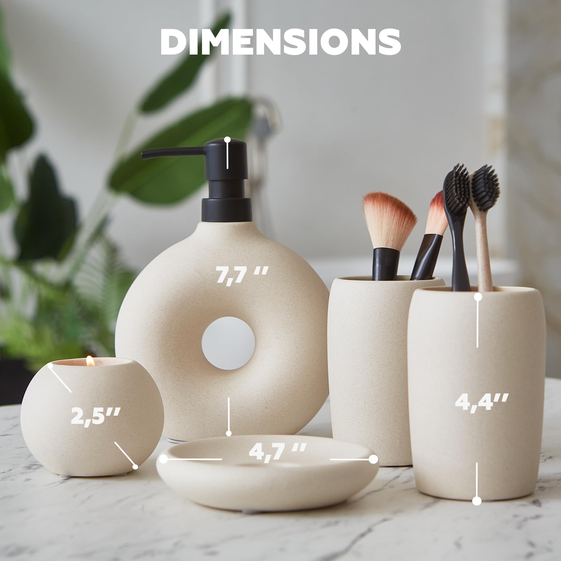 Terramoza Ceramic Bathroom Accessory Set, 5 Pcs - Includes Soap Dispenser, Toothbrush Cup, Toothbrush Holder, Soap Dish & Candle