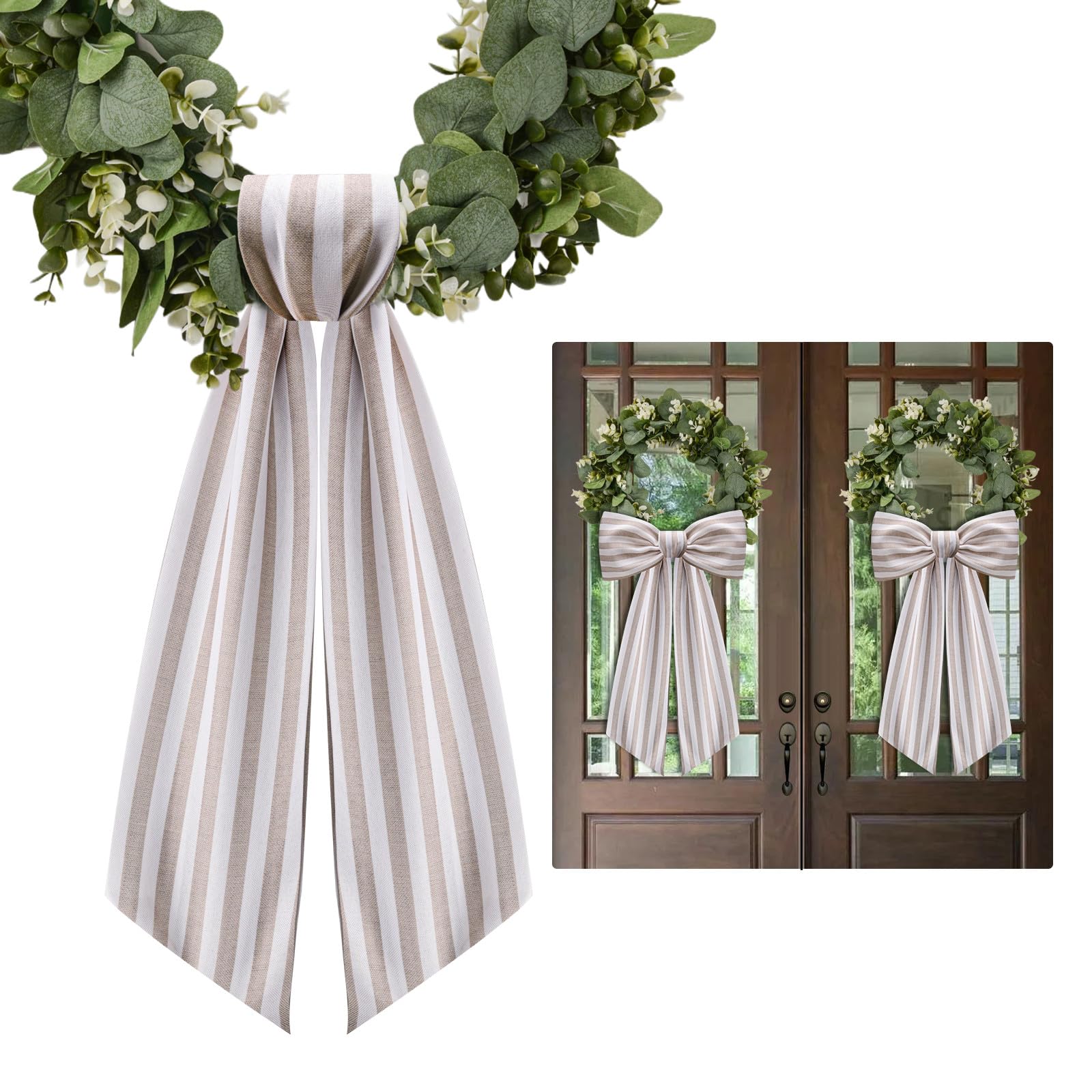 2 Pack Wreath Sash for Front Door Stripe Boxwood Sash Garland Porch Decor Wreath Accessories (Beige and White Stripe)