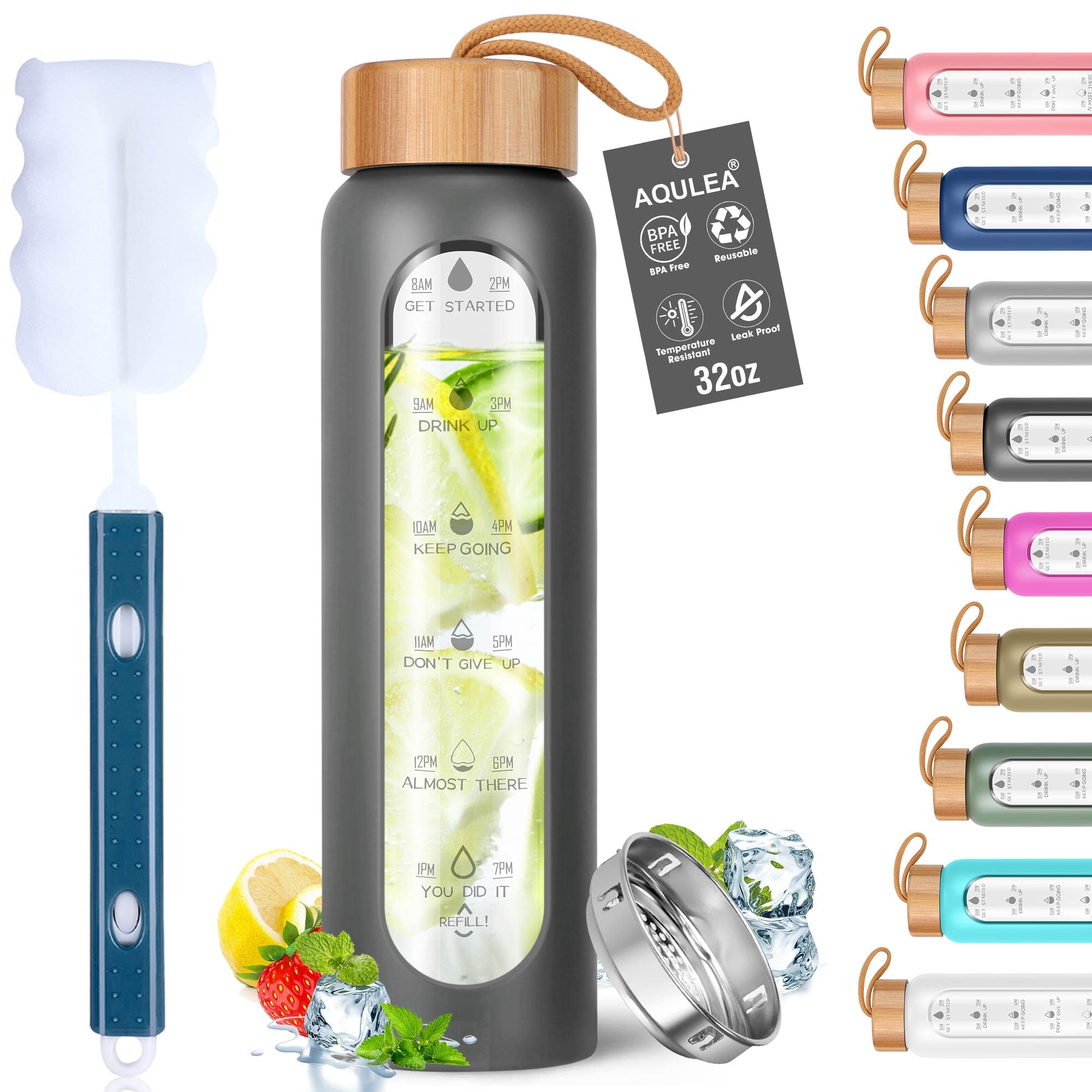 Aqulea Glass Water Bottles With Silicone Sleeve - Bpa Free Reusable Wide Mouth Glass Motivational Water Bottles With Fruit Infus