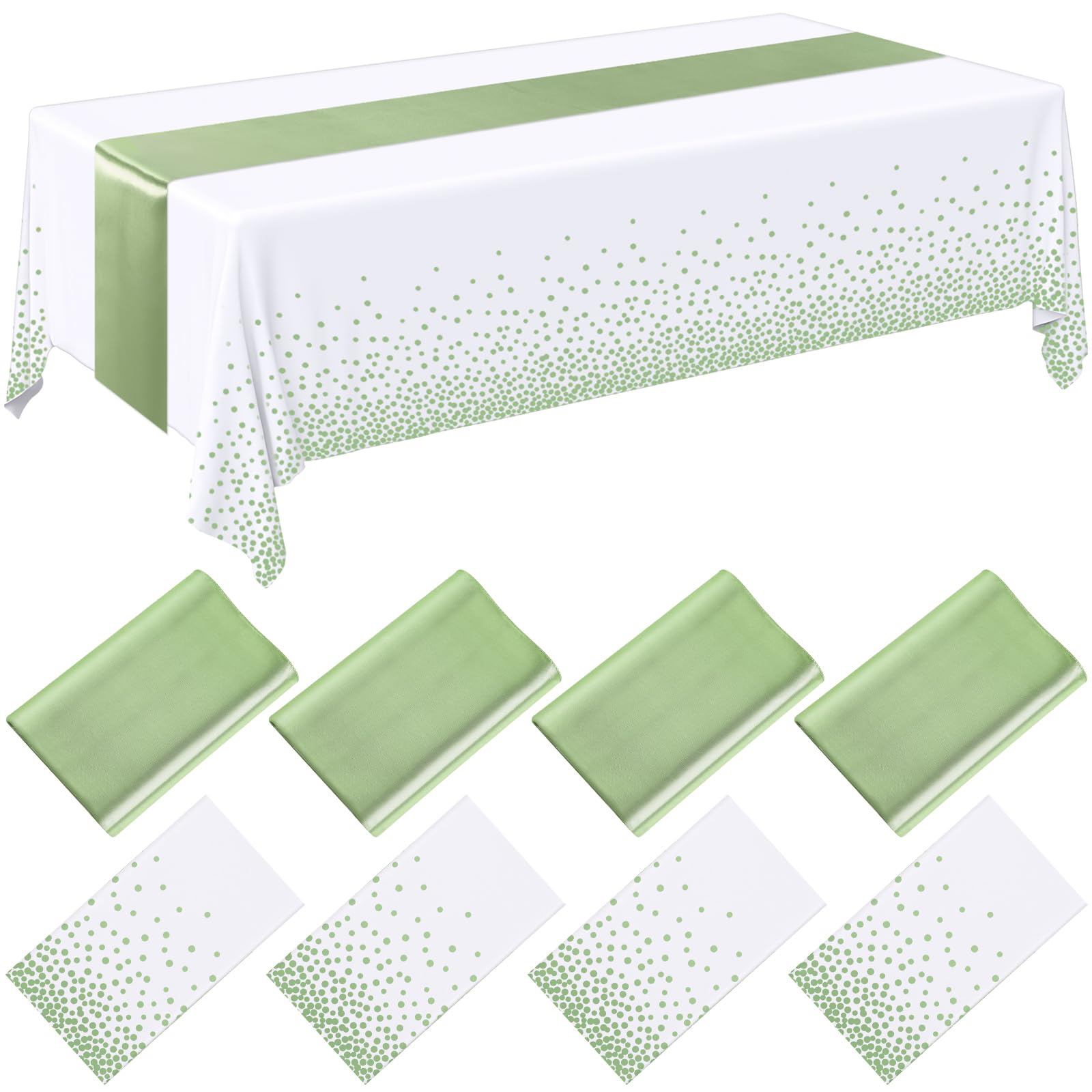 Breling 8 Pack White and Sage Green Disposable Plastic Tablecloths and Satin Table Runner Set, 54 x 108 Inch Tablecloth, 12 x 10