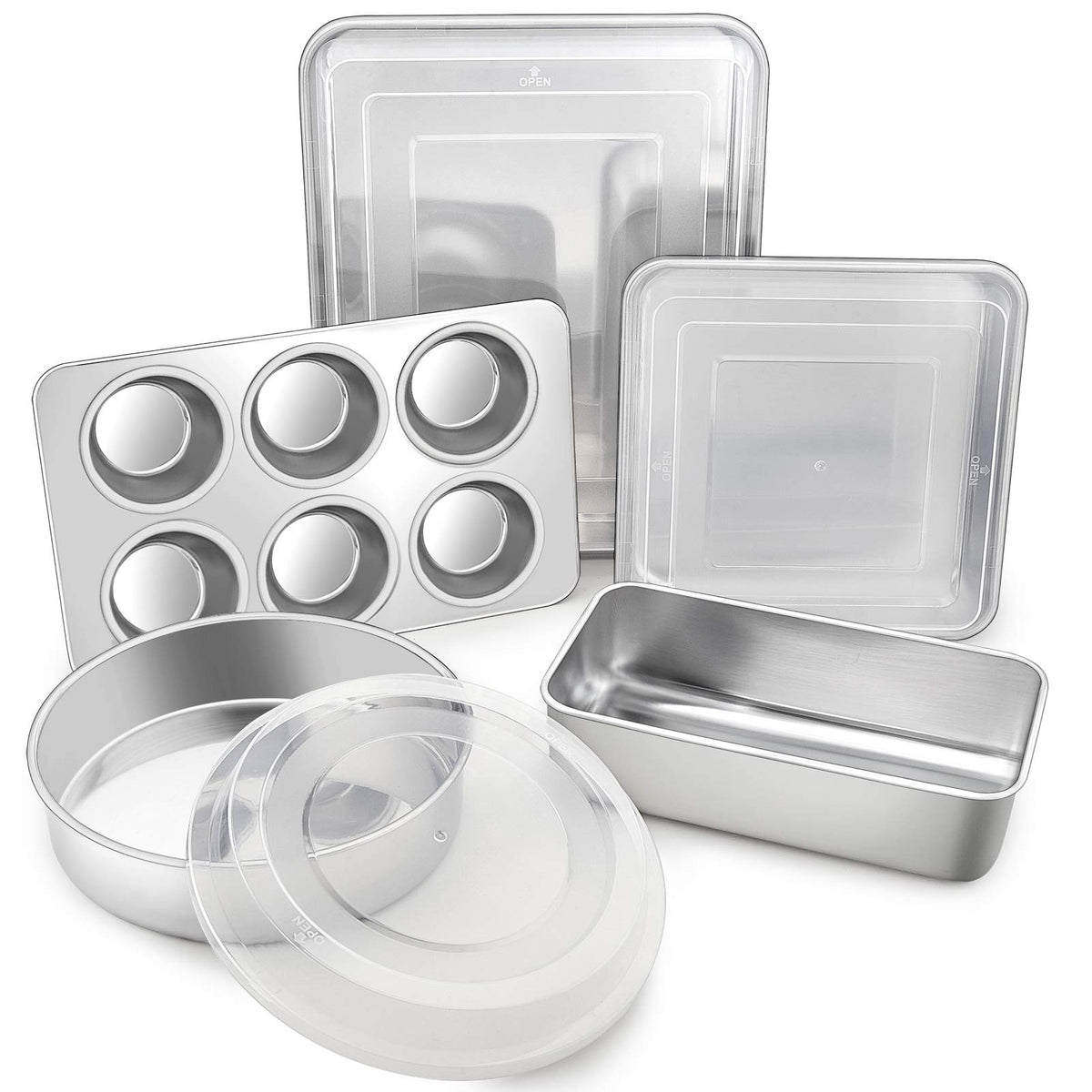 Teamfar Stainless Steel Bakeware Set Of 8, Baking Roasting Pan Set With Lid, Lasagna Pan With Lid, Square & Round Cake Pan, Loaf