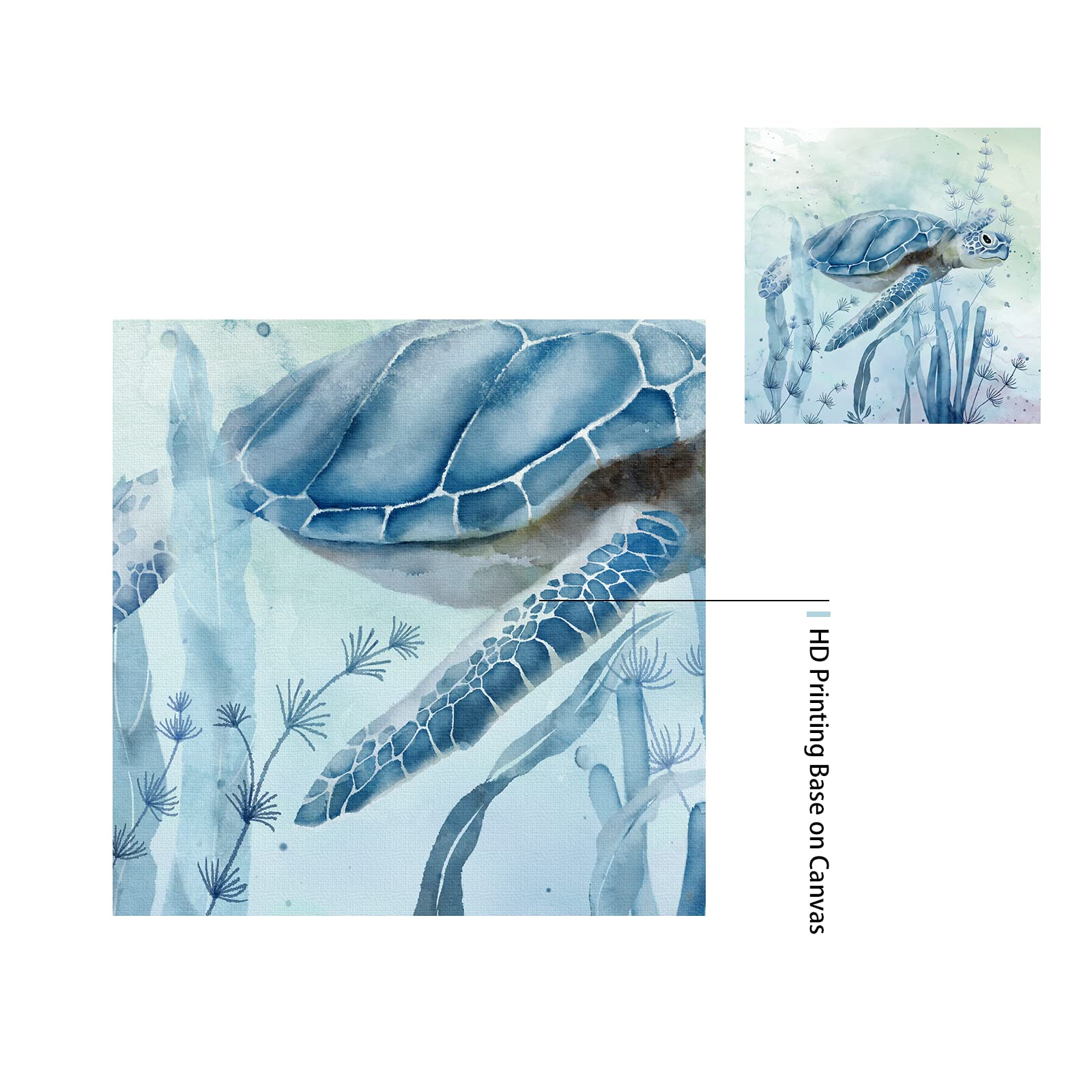 Zessonic Sea Turtle Wall-Art For Bathroom Decor - 2 Panel Set Of 12 X 12 Inch Teal Sea Turtle With Seagrass Prints
