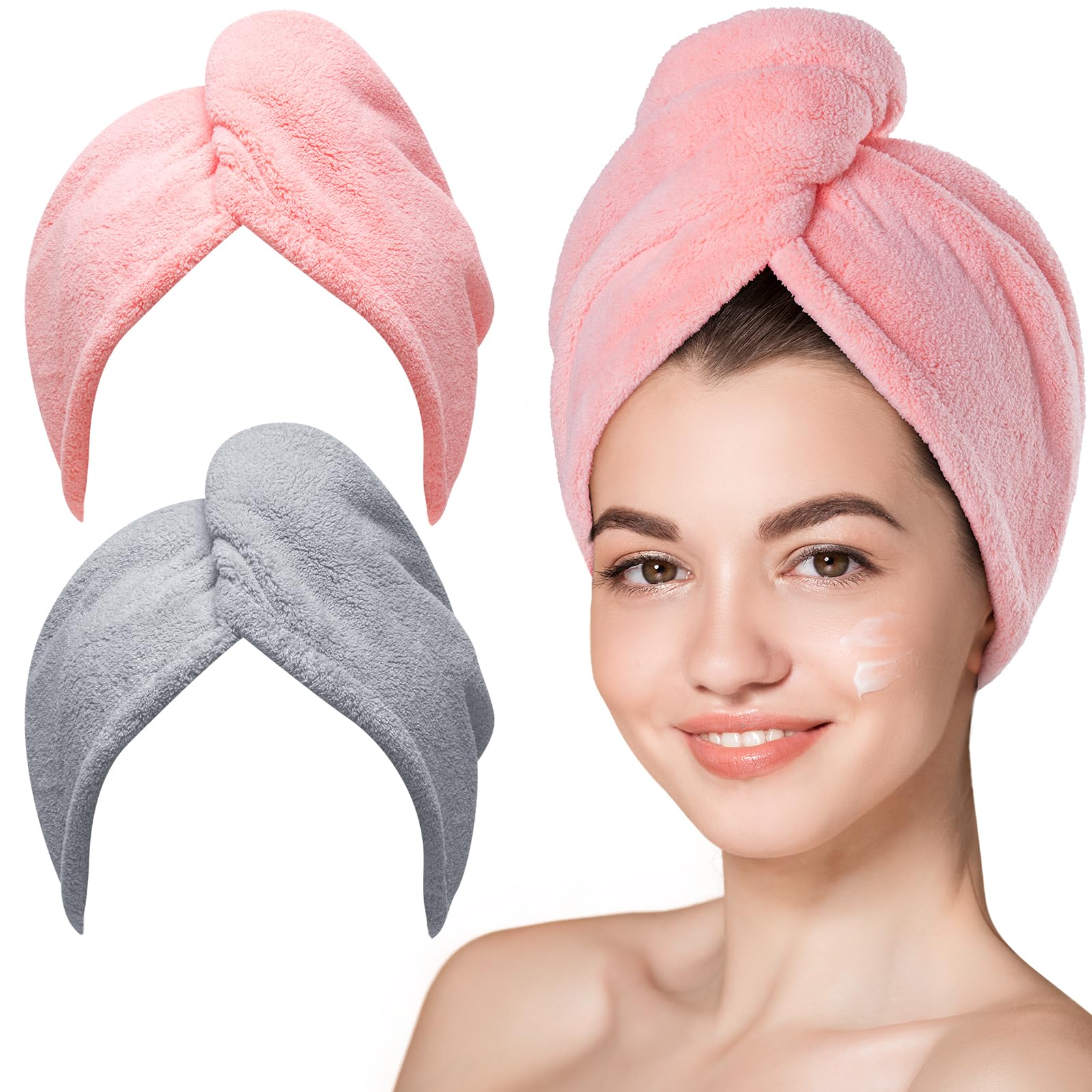 Hicober Microfiber Hair Towel, 2Packs Hair Turbans for Wet Hair, Drying Hair Wrap Towels for Curly Hair Women Anti Frizz(Pink,Gr