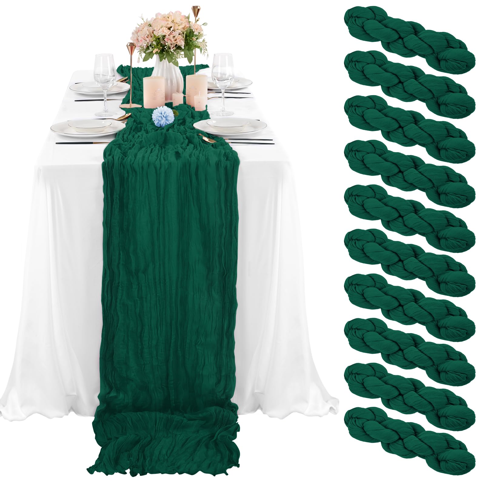 10 Pcs Dark Green Cheesecloth Table Runner 10Ft, Gauze Table Runner For Wedding Reception Sheer Bridal Shower Birthday Party Boh