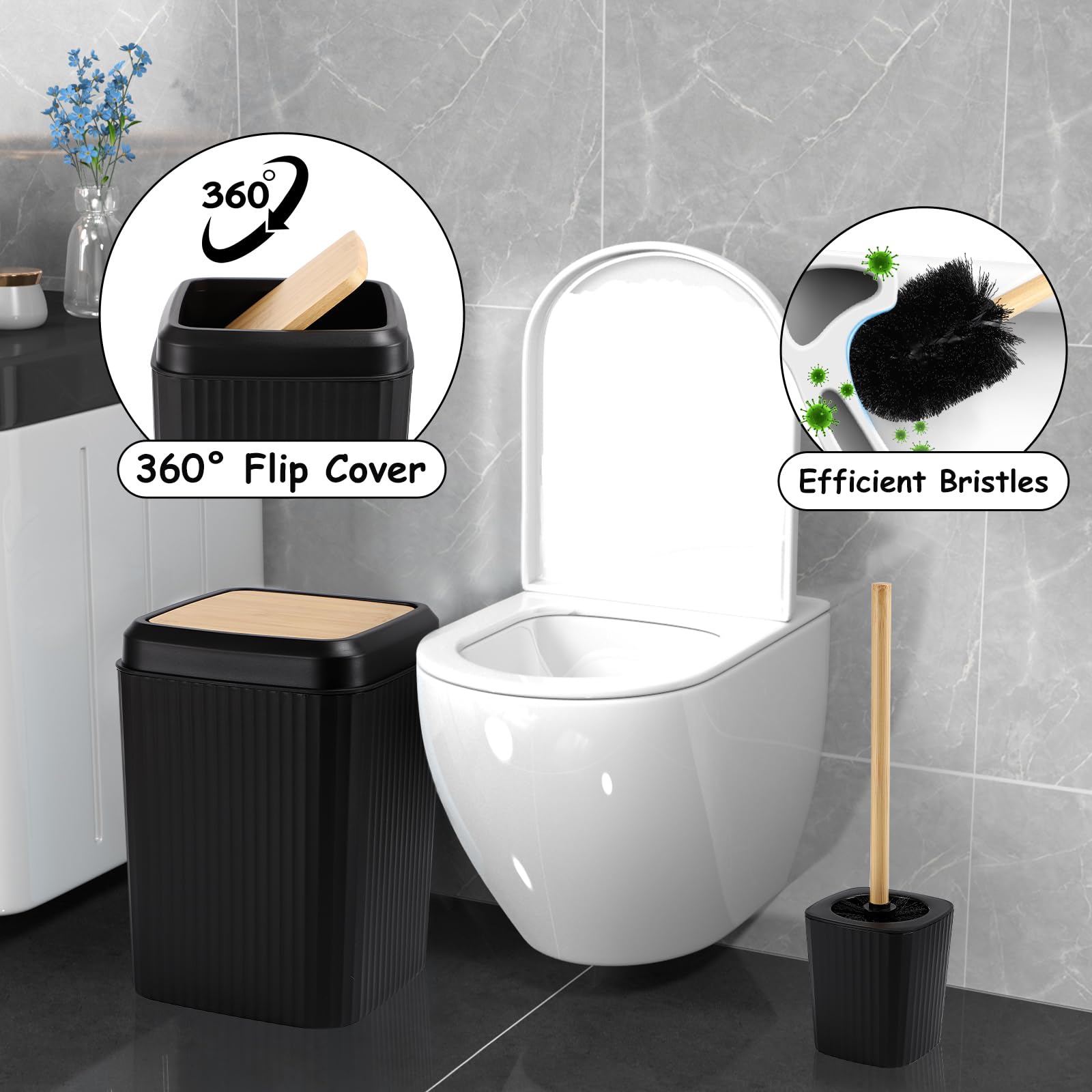 Complete Black Bathroom Accessories Set - Waffle Shower Curtain With Liner, Velvet Memory Foam Bath Rug, Trash Can, Toilet Brush