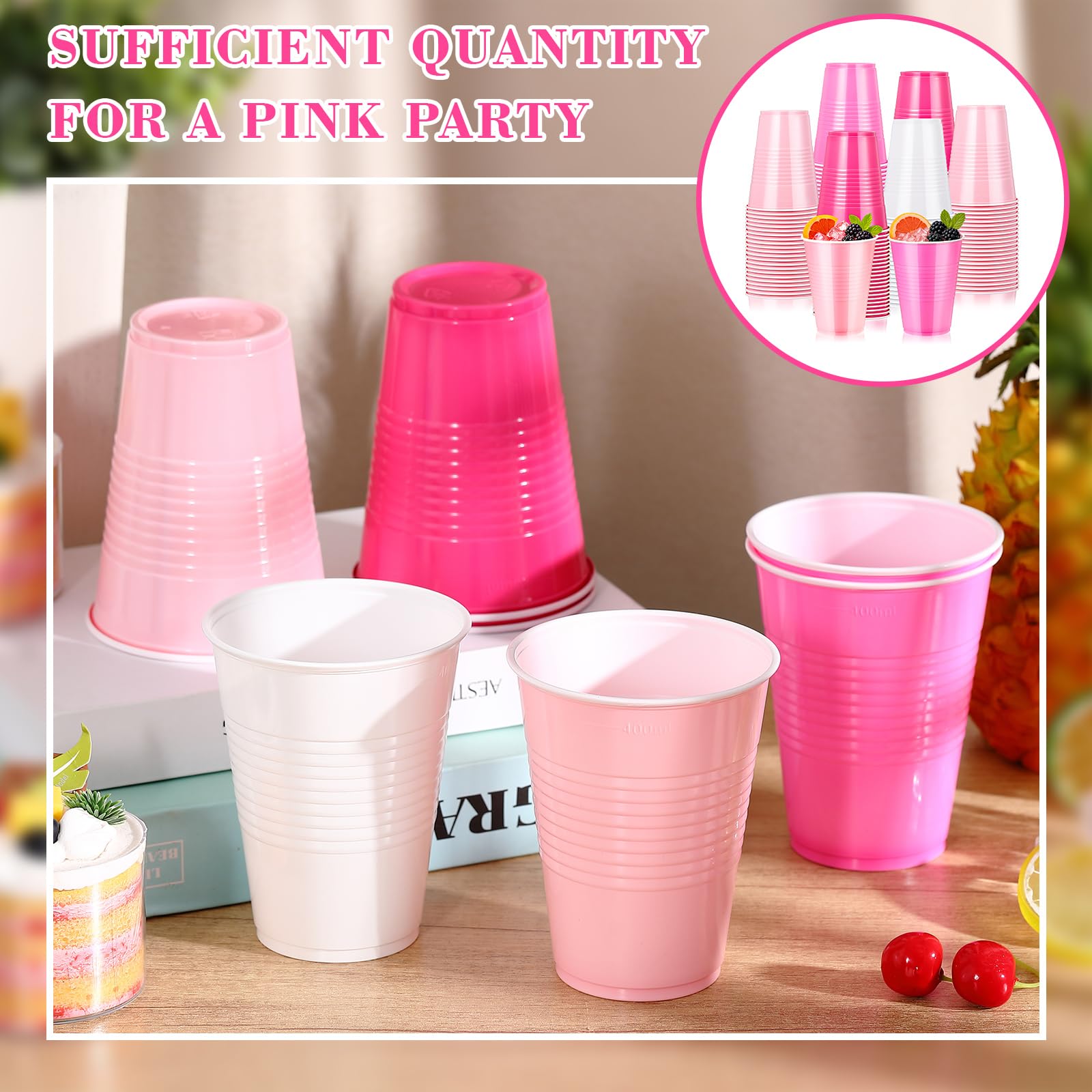Afarnook 150 Pcs 12oz Plastic Cups Bulk Pink Disposable Party Cups Supplies for Birthday Wedding Graduation Halloween Thanksgivi