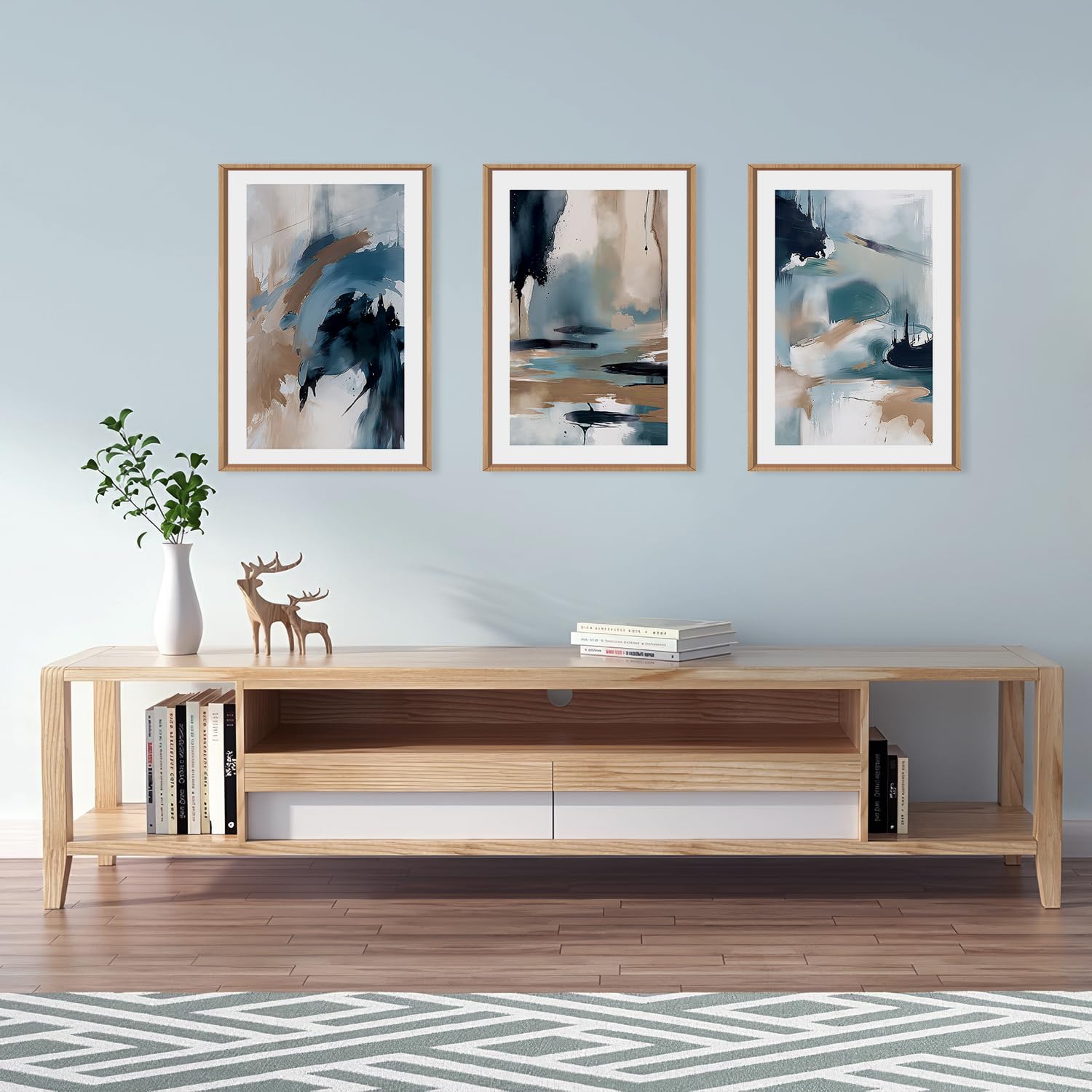 Kairne Blue Brush Stroke Framed Canvas Wall Art Set, Minimalist Navy Shape Wall Decor, Large Abstract Block Wall Painting, Moder