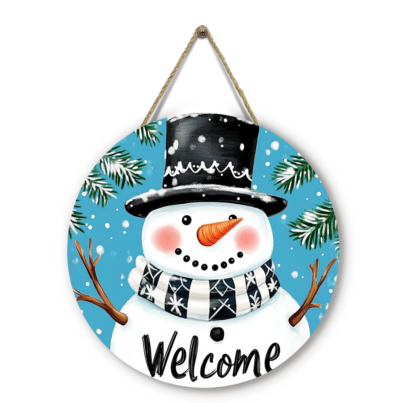 Dacawin Winter Snowman Welcome Door Sign for Front Door Blue Snowman Snowflakes Wooden Door Hanger Holiday Hanging Porch Wall Si