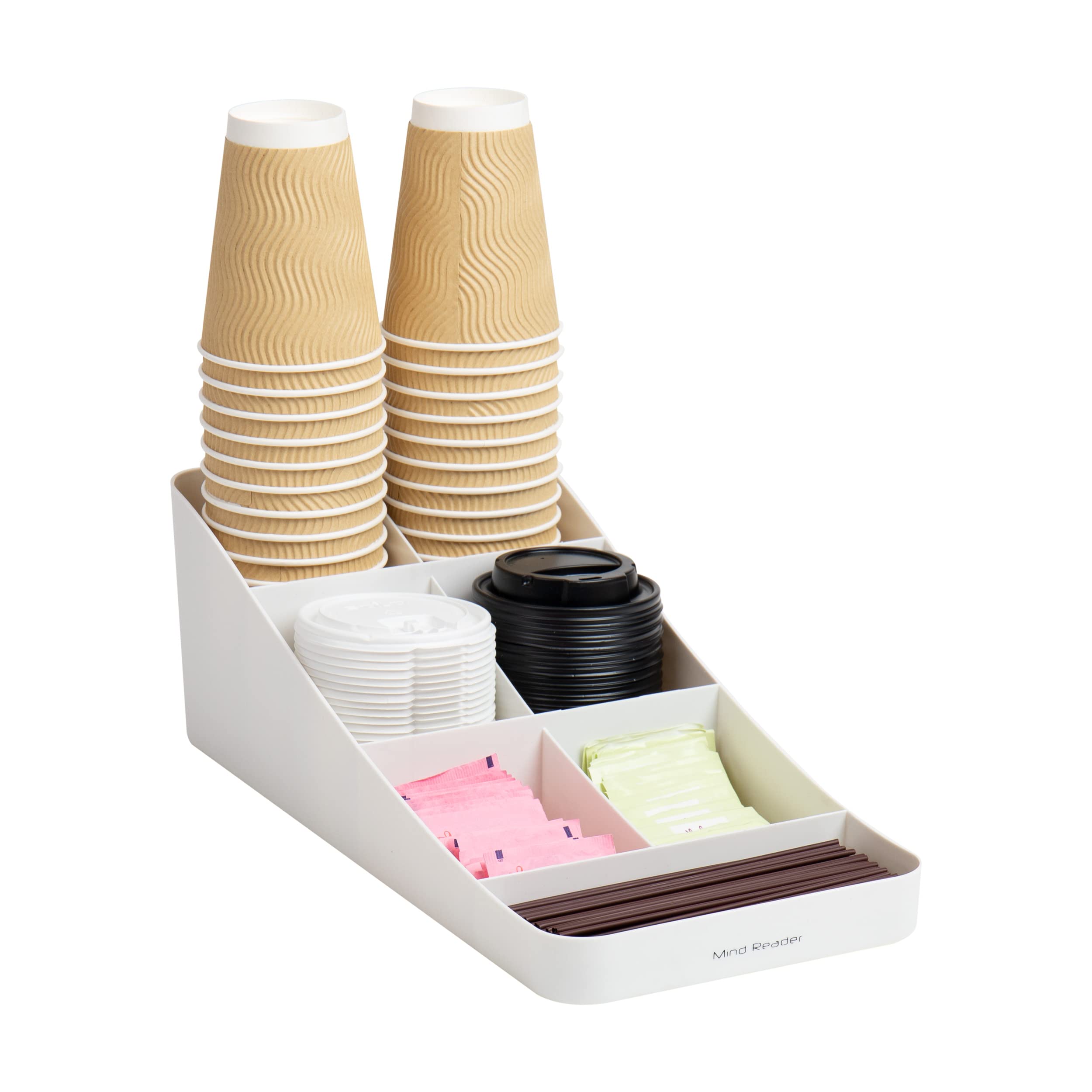 Mind Reader 7 Compartment Coffee Condiment, Cups, Lids, Sugars, Stirrers,Storage Organizer, White