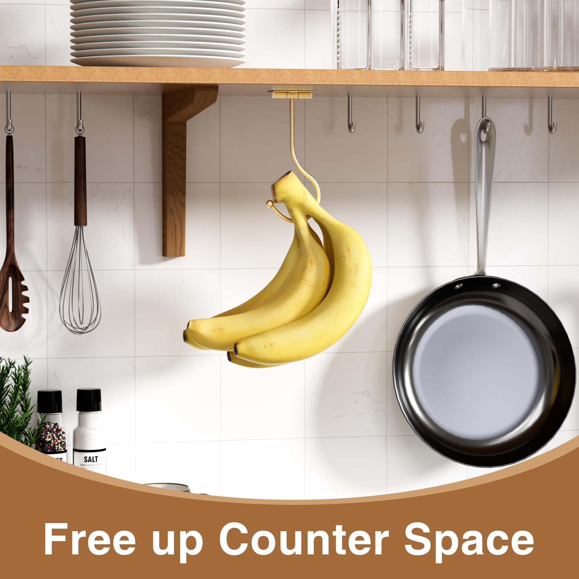 2-Pack Banana Hook Under Cabinet: Banana Holder,Metal Banana Hanger Hook,Adhesive Banana Hook, Foldable Banana Hook, Folds Up Wi