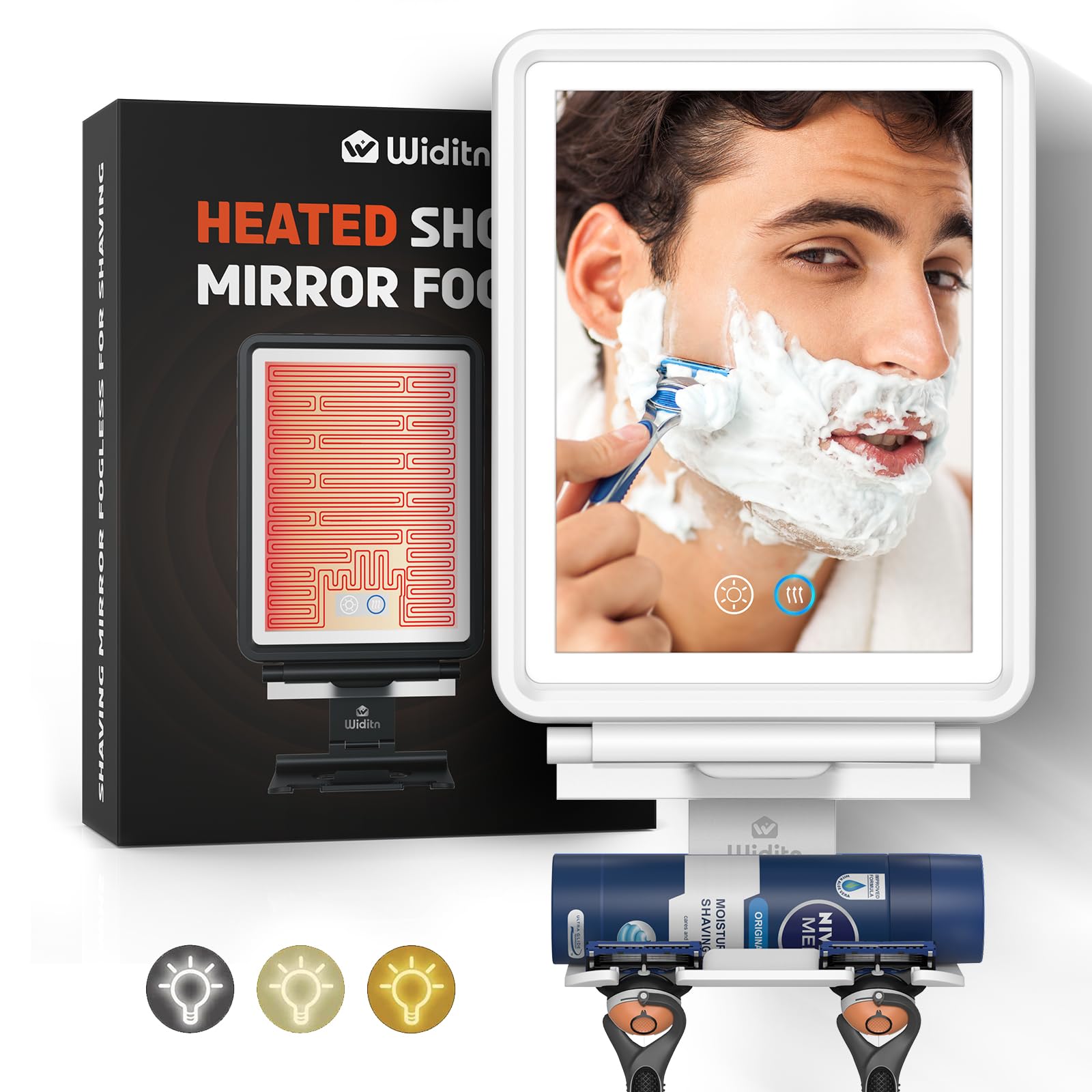 Widitn Shower Mirror Fogless For Shaving, Heated Shower Mirror With Lights, 3 Color Dimmable, Rechargeable Fogless Mirror For Sh