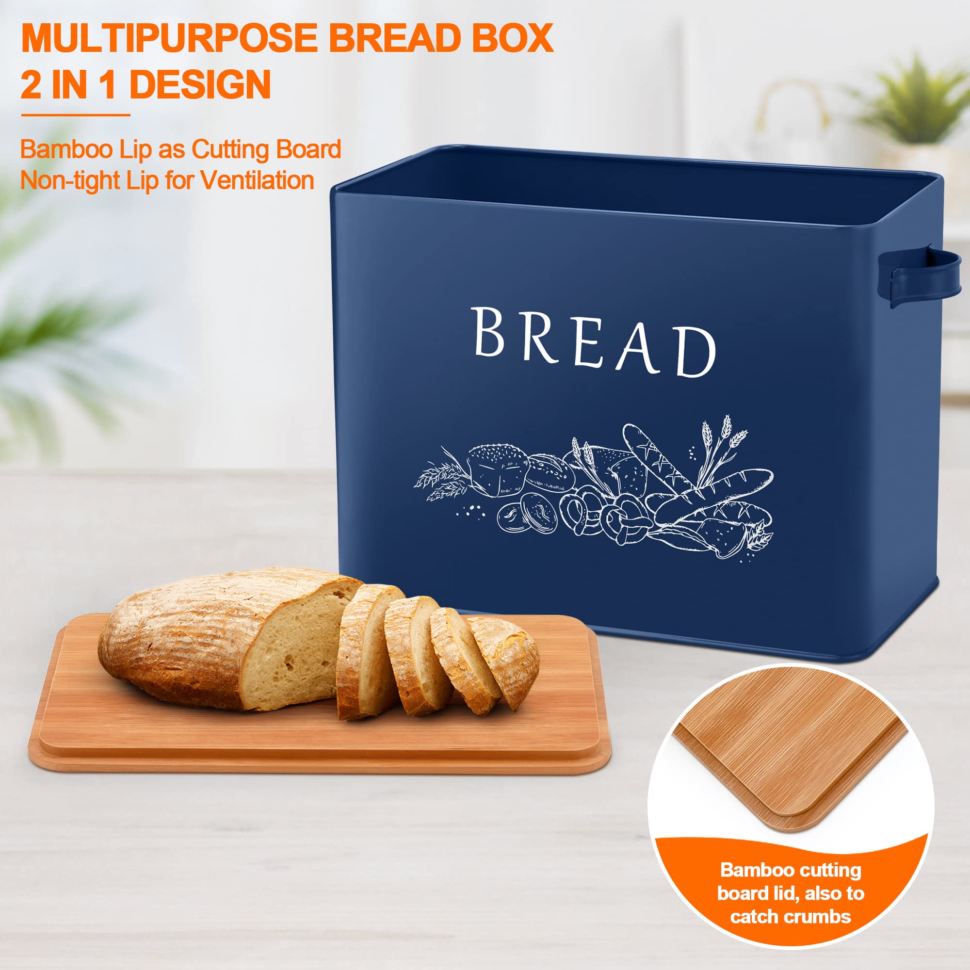 Lianyu Navy Blue Bread Box With Bamboo Cutting Board Lid, Large Farmhouse Metal Bread Storage Container For Kitchen Countertop,