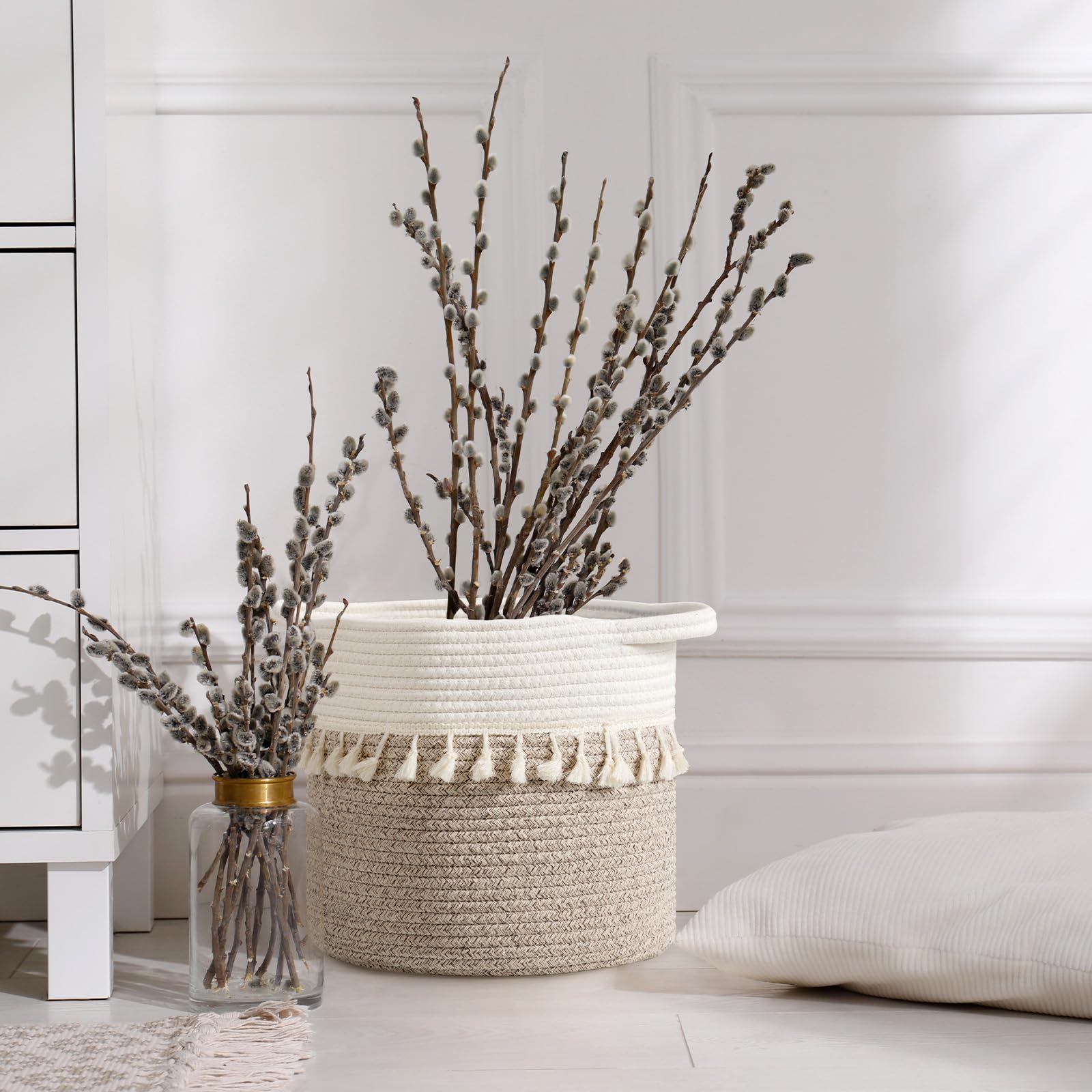 Danpinera 11 Inch Storage Baskets Set Of 3, Cotton Woven Baskets For Storage With Strong Handles & Stylish Tassel, Storage Bins,