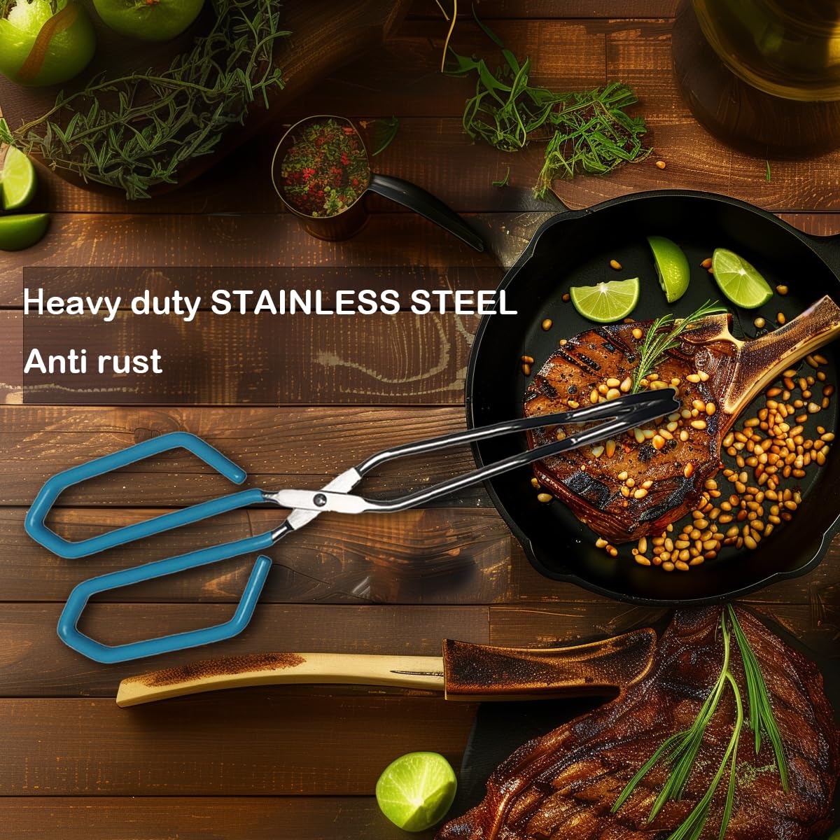 11 Inch Hiash Blue Stainless Steel Scissor Tongs, Kitchen Tongs For Cooking