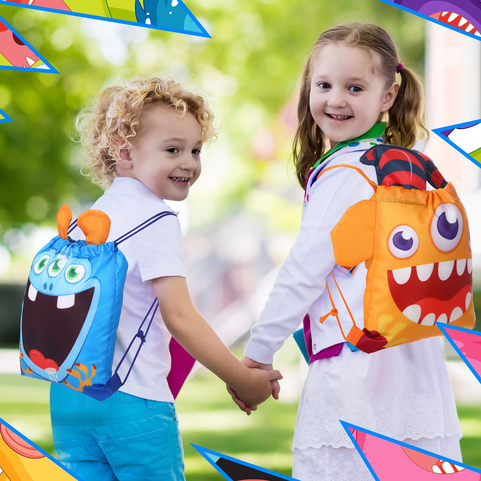 Hillban 16 Pcs Animal Drawstring Bags For Kids Party Favors Drawstring Backpack With Ear For Safari Birthday(Monster Style)