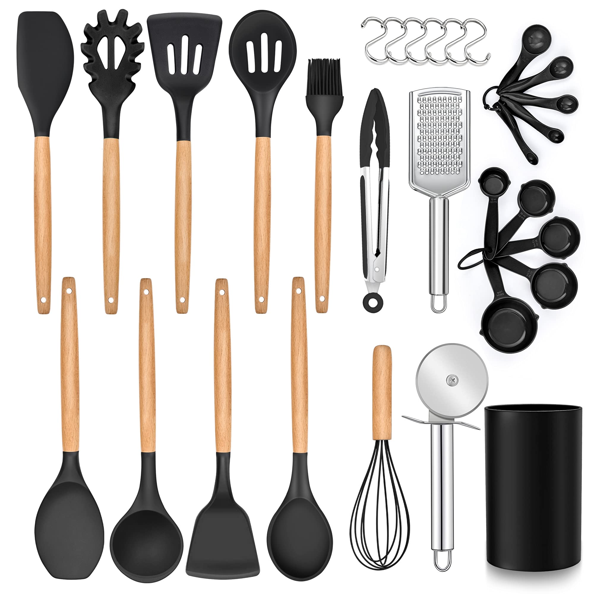 Lianyu 30 Pcs Silicone Kitchen Cooking Utensils Set With Holder, Heat Resistant Kitchen Essentials Utensils Set Wooden Handle, C