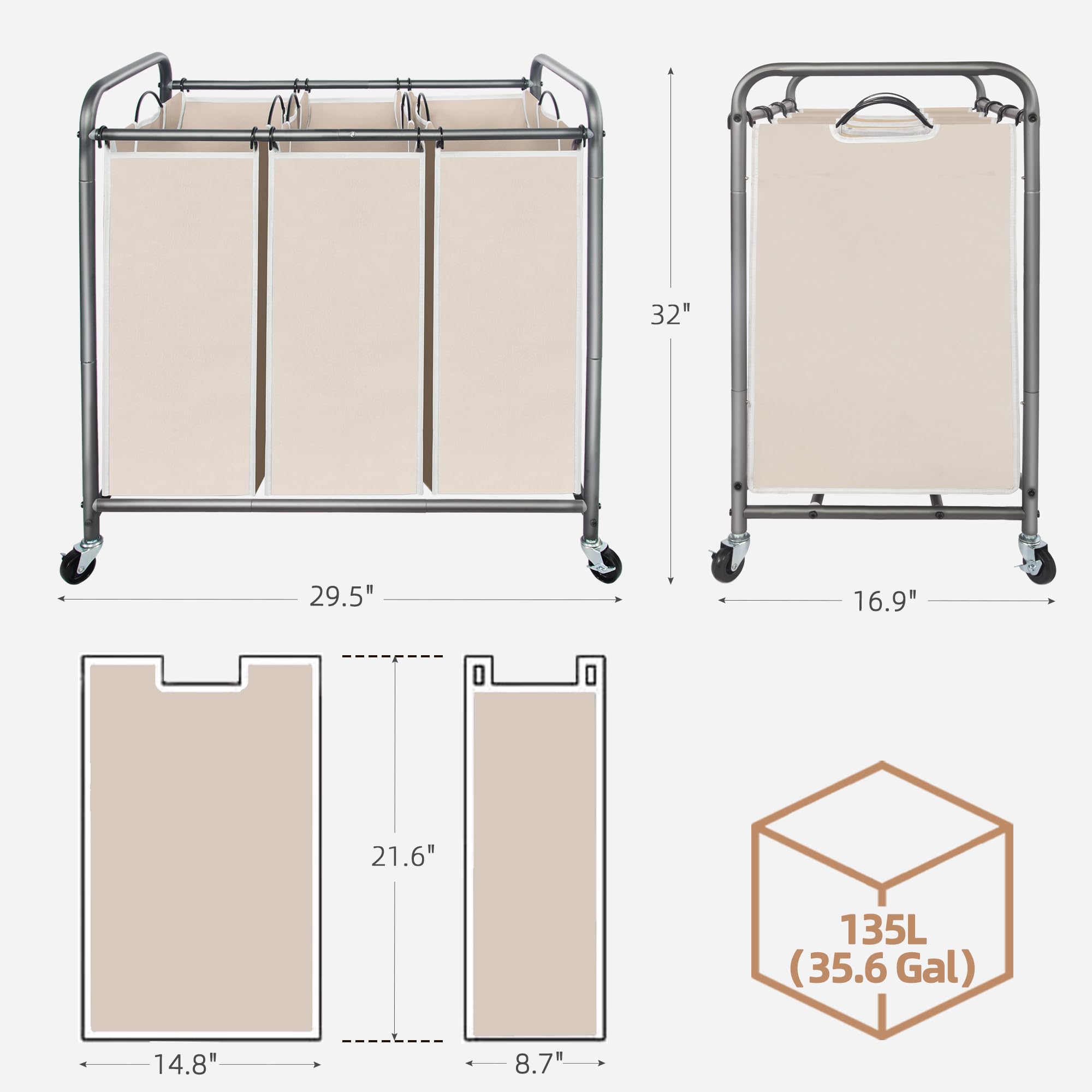 Storage Maniac 3 Section Laundry Sorter, 3 Bag Laundry Hamper Cart With Heavy Duty Rolling Lockable Wheels And Removable Bags, L