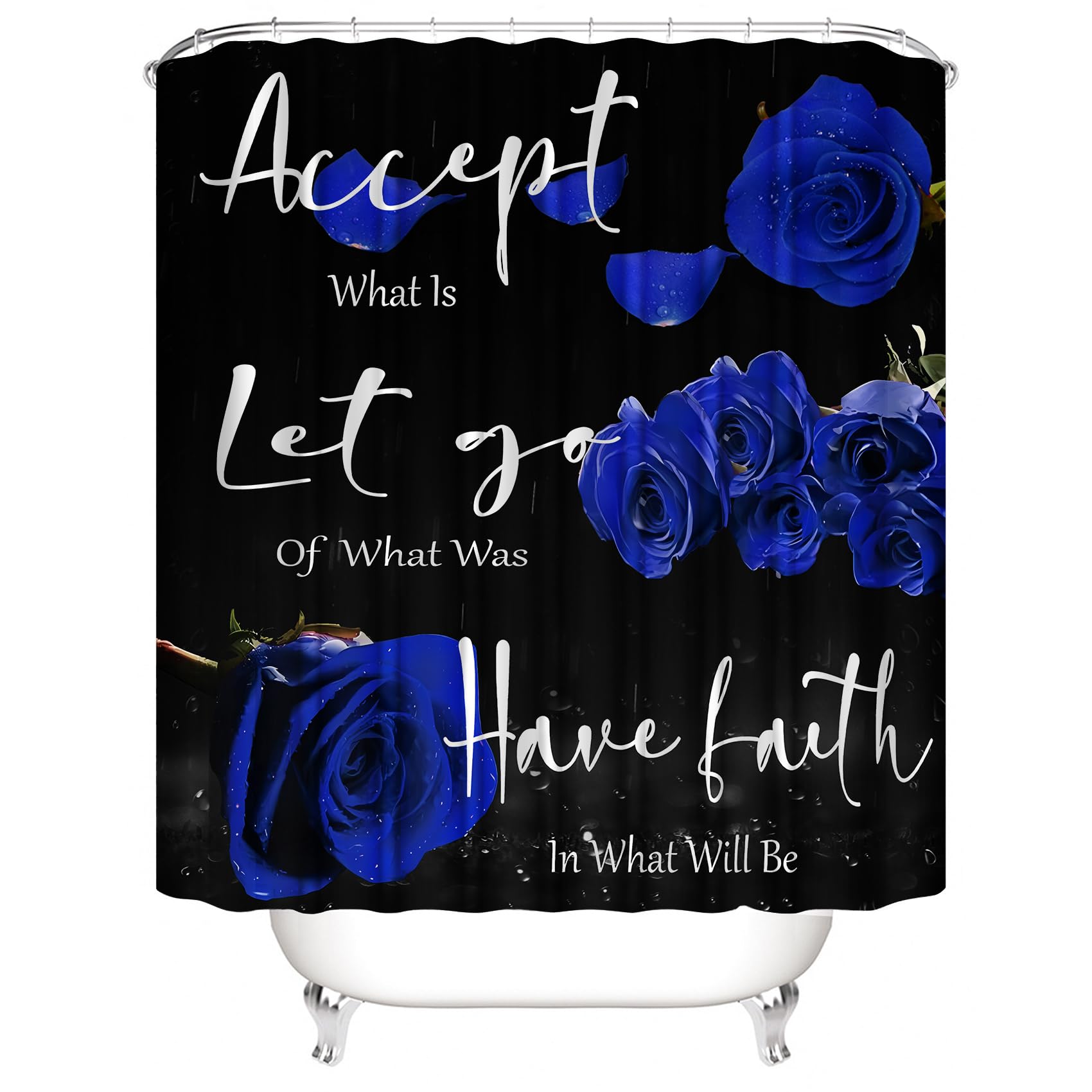 Yddsky 4 Pcs Blue Rose Shower Curtain Sets Non-Slip Rugs Bath Mat Toilet Cover U Shaped Mat Thankful Grateful Blessed Black Blue