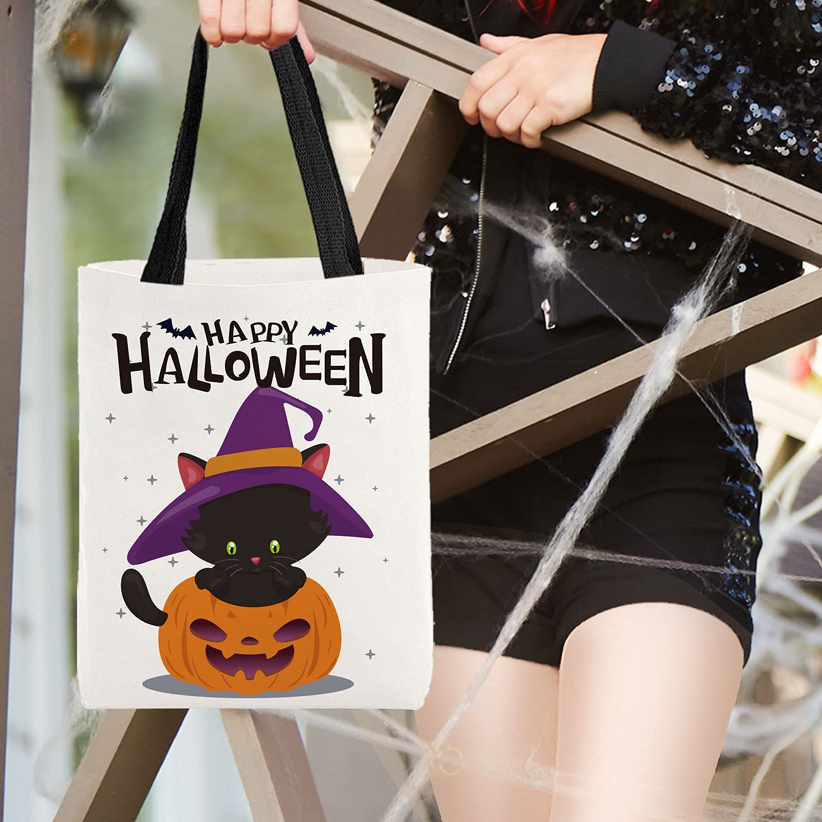 Atfunshop Halloween Tote Bag Trick Or Treat Bag Black Cat Pumpkin Canvas Bags 15.7 X 11.8'' - Reusable Large Halloween Treat Bag