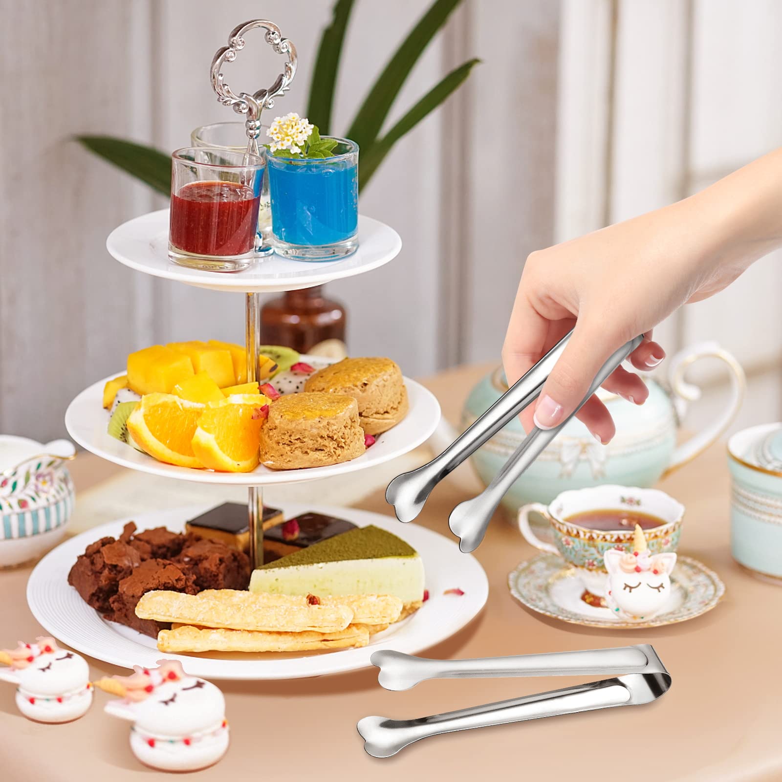 Dmoera 18 Pack Premium Small Serving Tongs, Mini Stainless Steel Appetizer Tongs 4.33Inch Silver