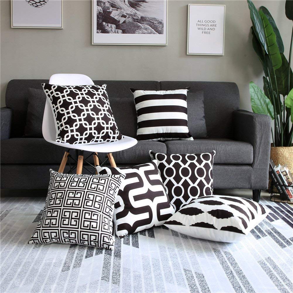 Modern Homes Plush Cotton Black And White Cushion Covers/Decorative Throw Pillow Covers (Black And White, 18X18 Inch) - Set Of 6