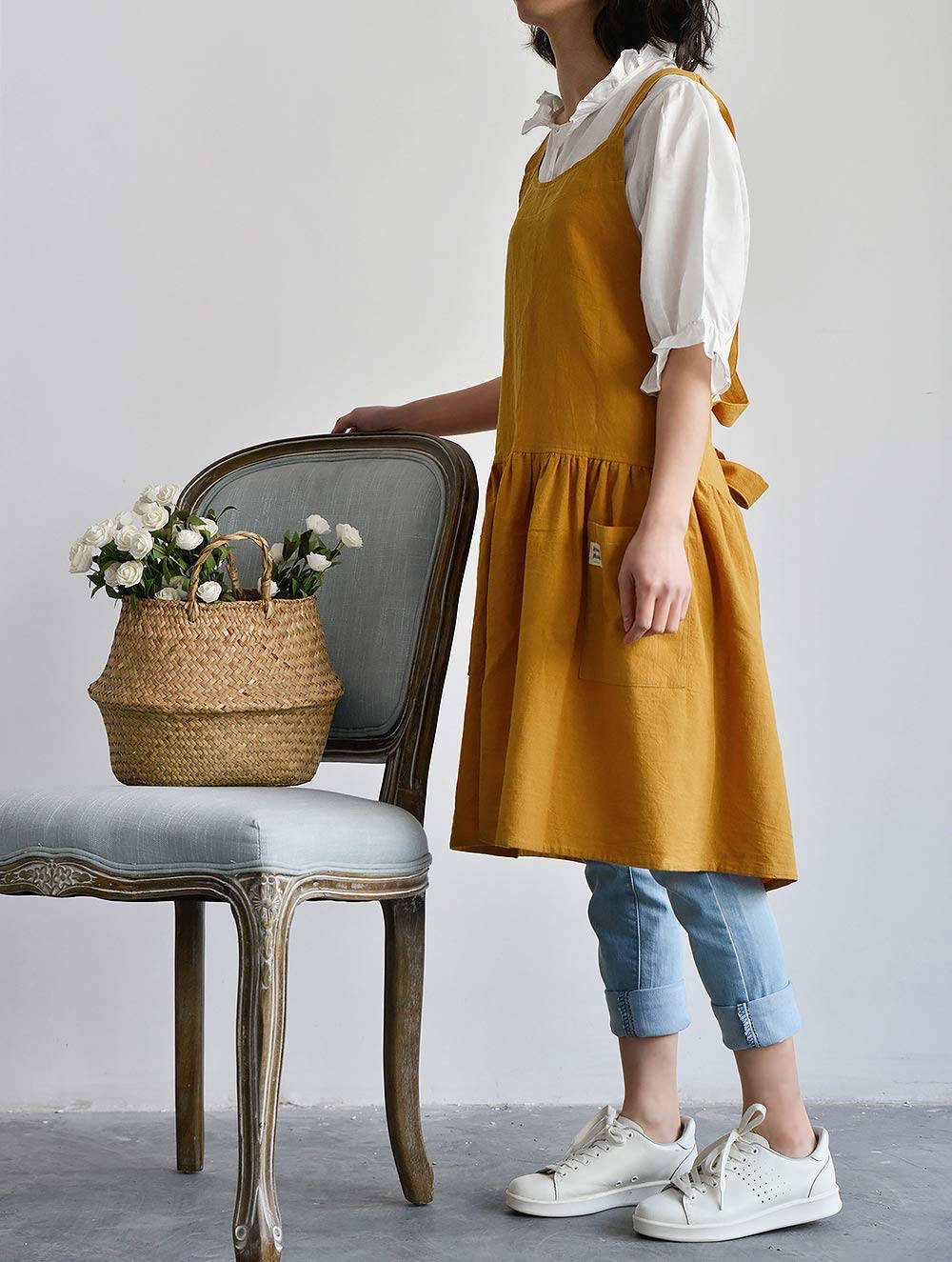 Faduofa Fashion Cotton Kitchen Apron Korean Style And Linen Cooking Waist For Cooking Baking Painting Gardening Cleaning (Yellow