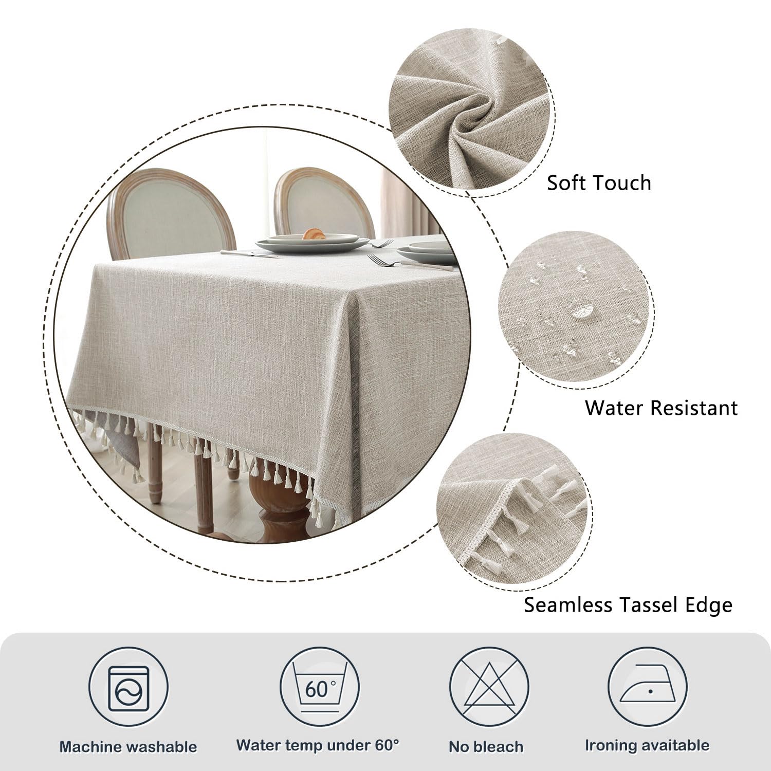 Textured Table Cloth For Rectangle Table, Heavy Duty Farmhouse Tablecloth Solid Cotton Linen Waterproof Wrinkle Free Burlap Tabl