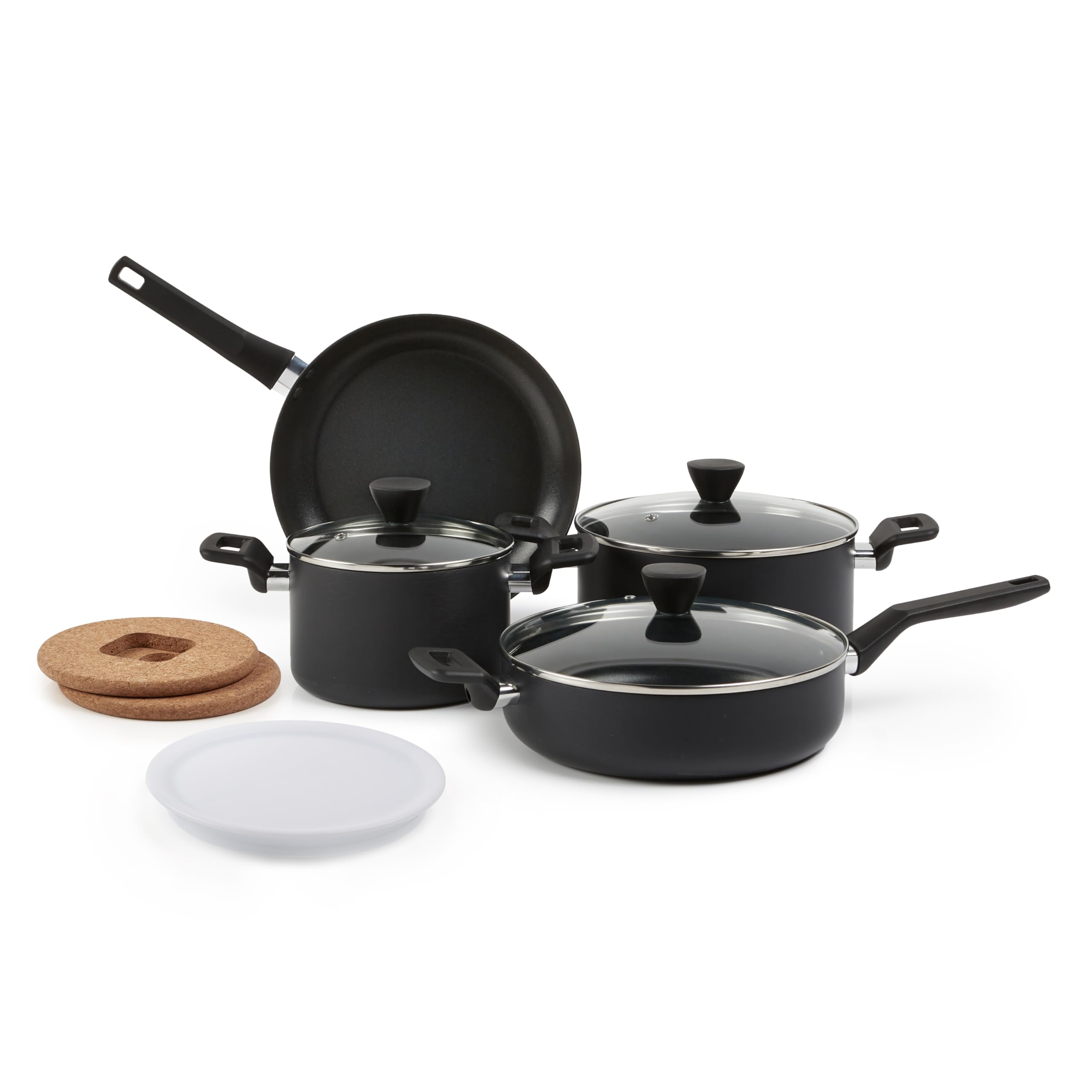 Amazon Basics 10 Piece Hard Anodized Nonstick Stackable Cookware Set, Oven Safe, Dishwasher Safe, StayCool Handles, Space Sav