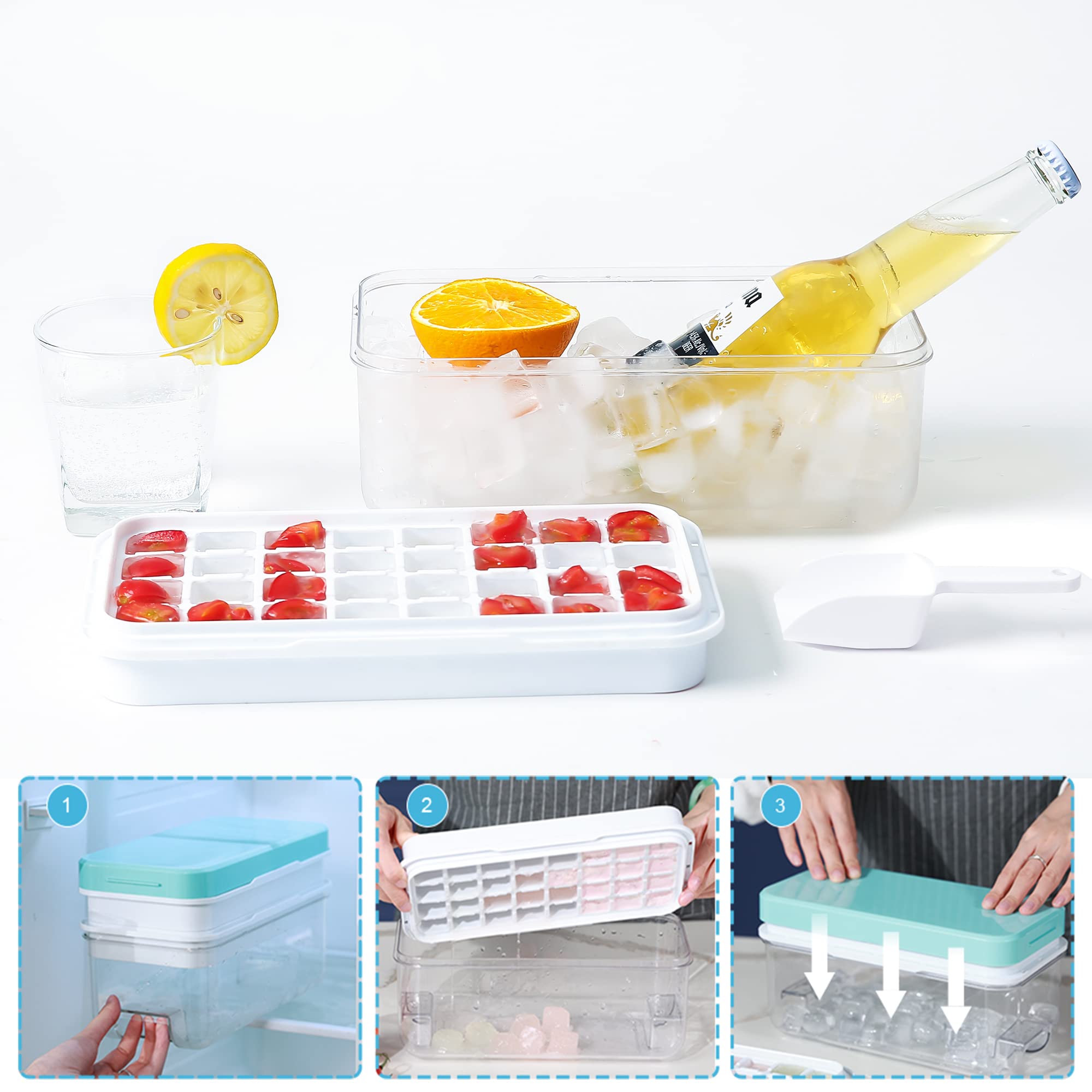 Zzwillb Ice Cube Tray, Ice Tray With Lid And Bin And Ice Scoop, Ice Cube Pop Out Tray, Ice Cube Trays For Freezer, Ice Cube Mold