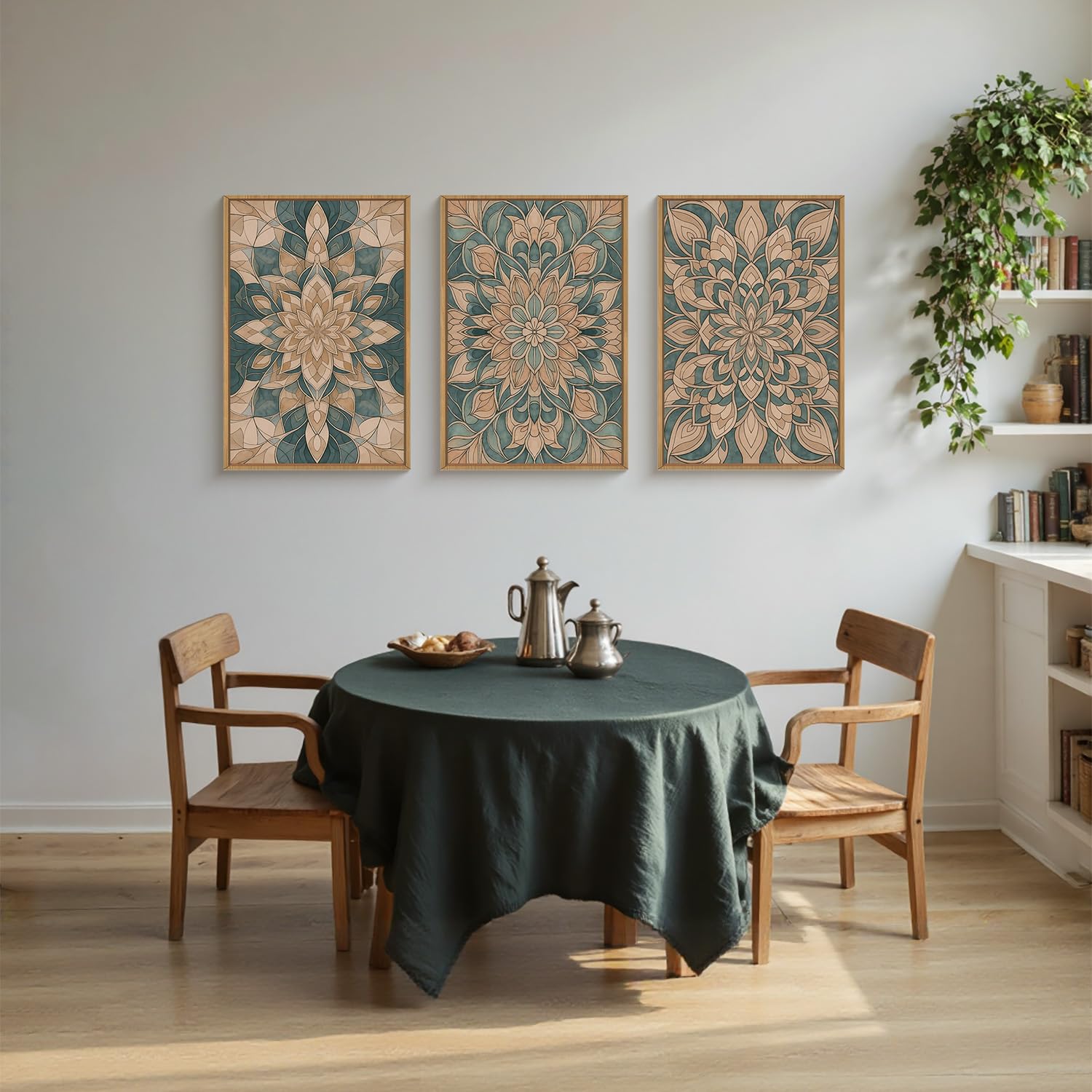 HLNIUC Mandala Flower Wall Art Set of 3, Green Scandinavian Botanical Framed Wall Decor(16x24),Norwegian Folk Art Canvas, Bohemi