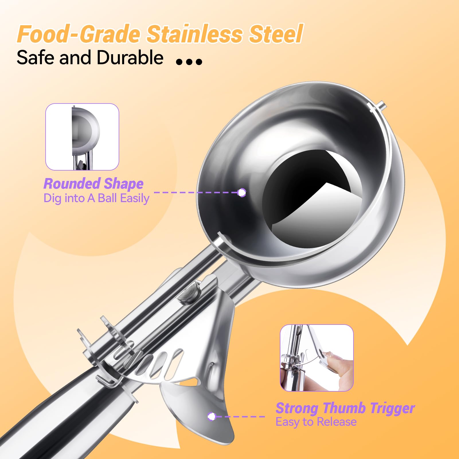 Ice Cream Scoop Stainless Steel, Ice Cream Scoop With Trigger, Cookie Scoop For Baking, Large Ice Cream Scooper, 18/8 Stainless