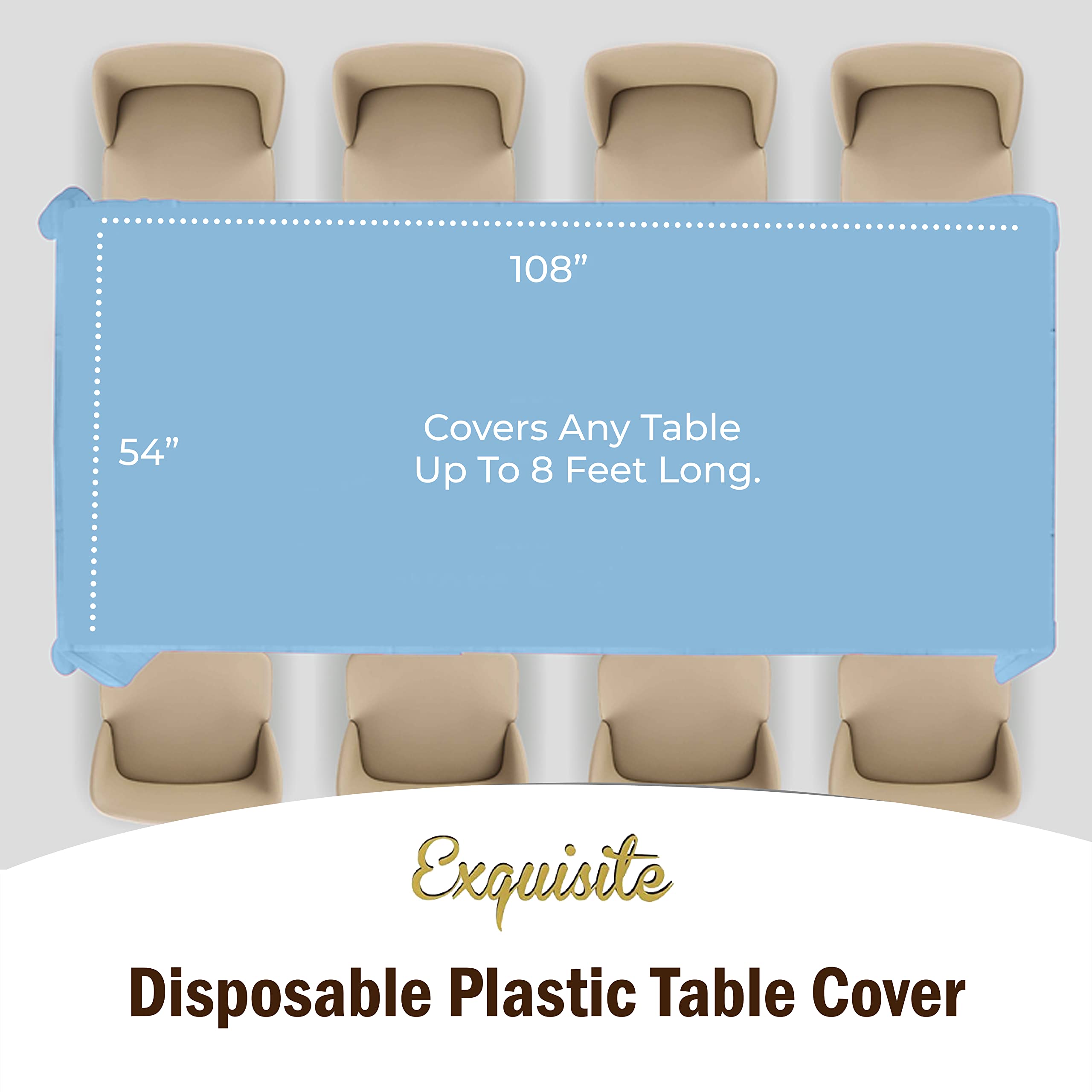 Exquisite 6-Pack Premium Plastic Tablecloth 54In. X 108In. Rectangle Plastic Table Cover - Light Blue