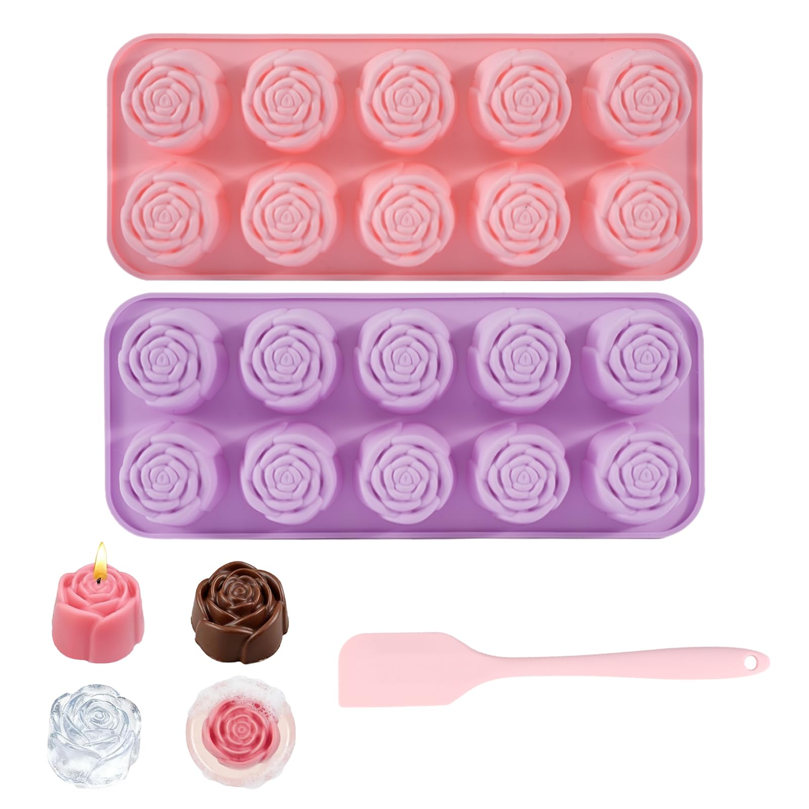 WNGASY Rose Silicone Chocolate Molds, 2 Pack 20Cavity Flower Candy Molds with Spatula, NonStick Baking Mold for Chocolate, Gum