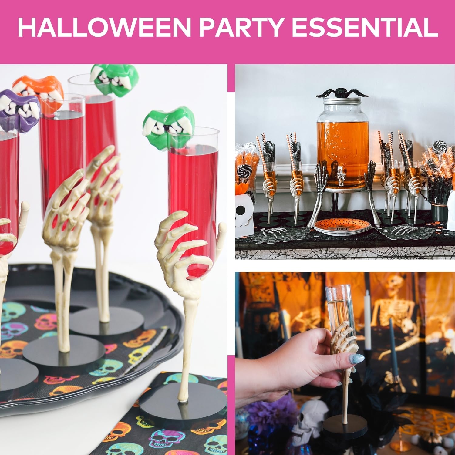 Fun Express Set Of 12 Pieces Skeleton Hand Flute Glasses, Holds 2 Oz, Bpa Free Plastic, Halloween Party Decorations