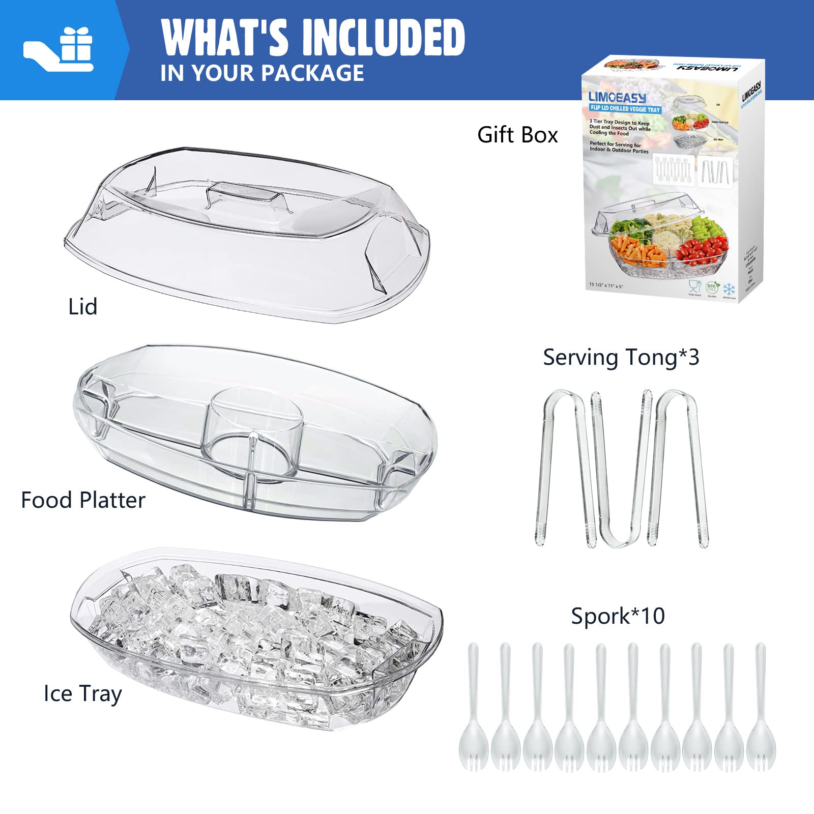 Limoeasy Chilled Veggie Tray, 15 Inch Clear Party Platter With 4 Compartments, Ice Serving Bowl With Lid, Cold Food Buffet Serve