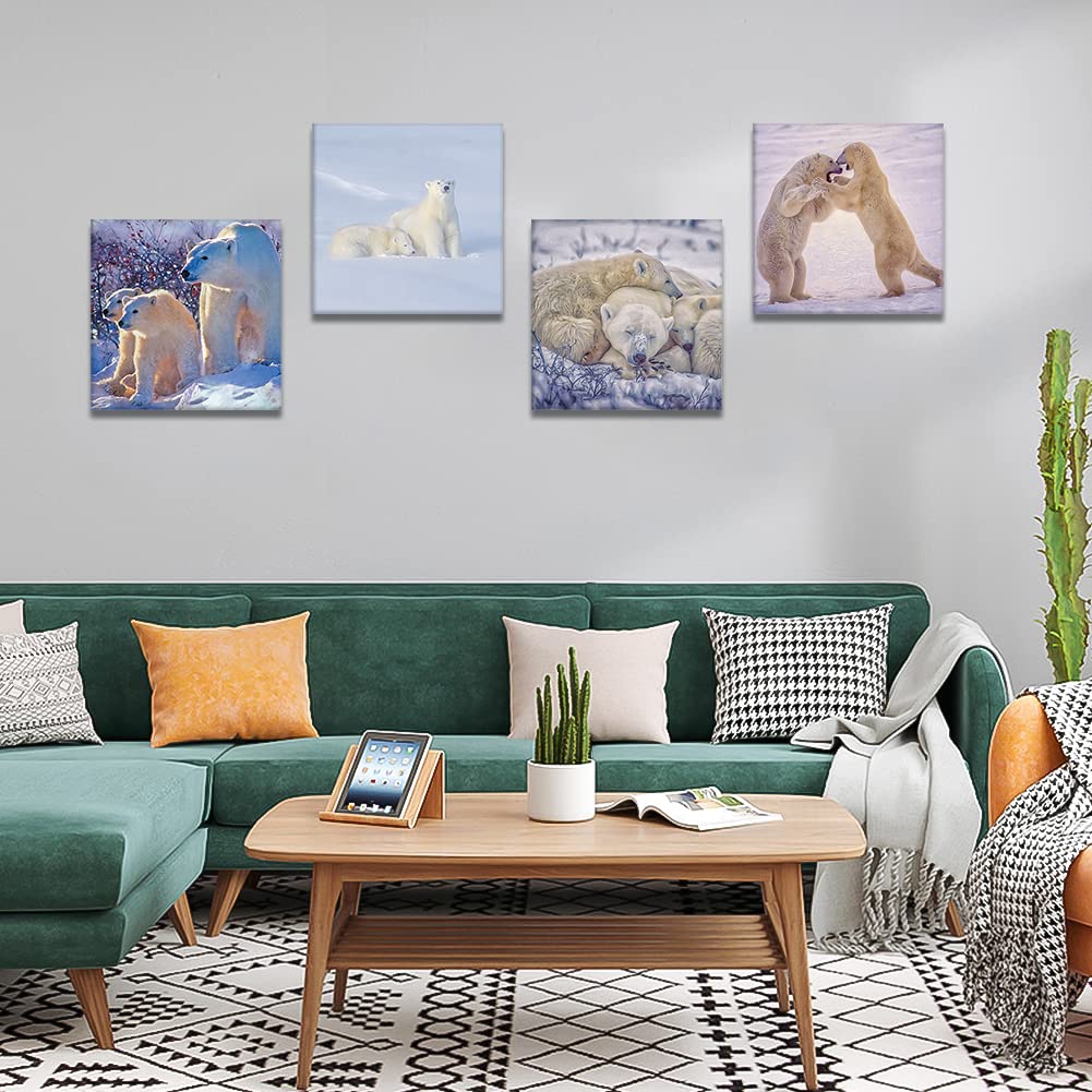 Otostar 4 Pieces Wall Art Canvas Prints - Polar Bear Family Picture Painting - Modern Wall Artwork Framed For Gifts Bathroom Hom