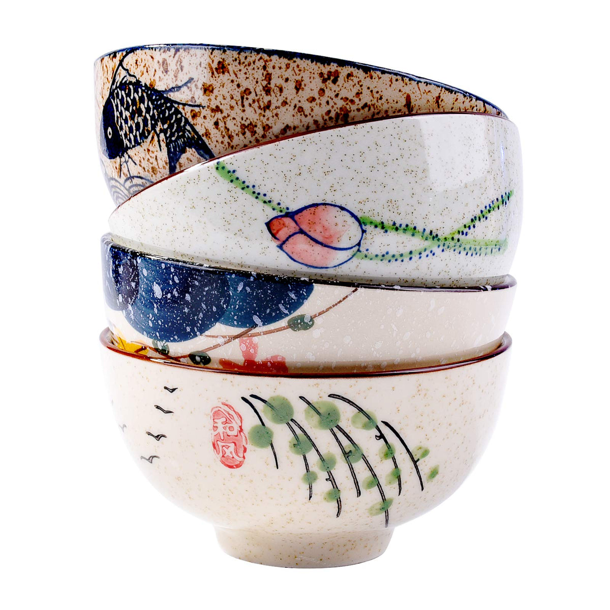 Whitenesser 4.5 Inch Japanese Style Rice Bowls Set Of 4 Porcelain Small Asian Bowl Set For Cereal Soup Dessert Snack,Hand-Painte