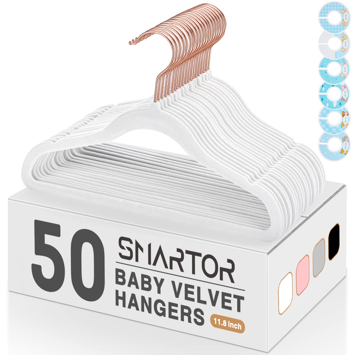 Smartor Premium Velvet Baby Hangers For Closet 50 Pack, 11.8'' Safe Durable Baby Clothes Hangers For Nursery With 6 Pcs Closet D