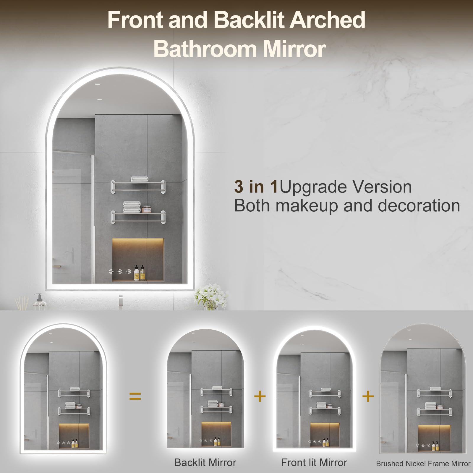 Oumusu Arched Led Bathroom Mirror 24''X36'' With Front And Backlight, Brushed Nickel Bathroom Mirror With Lights-Anti-Fog, Dimma