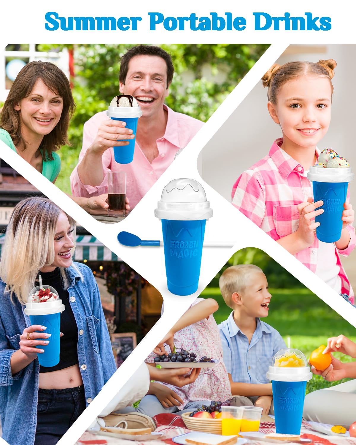 Slushy Maker Cup  DIY Magic Slushy Maker Squeeze Cup  Portable Smoothie Squeeze Cup for Juices  Milk and Ice Cream Make  Double Layers Silica Cup with Lid & Straw for Kids  Friends  Family (Blue)