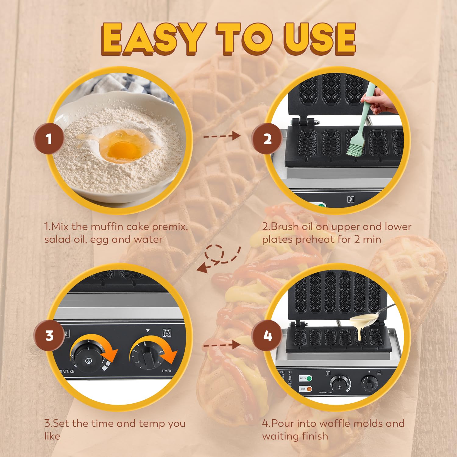 Cgoldenwall Commercial/Home Corn Dog Waffle Maker Machine 1550W 6Pcs French Muffin Irons Non-Stick Stainless Steel Waffle Stick