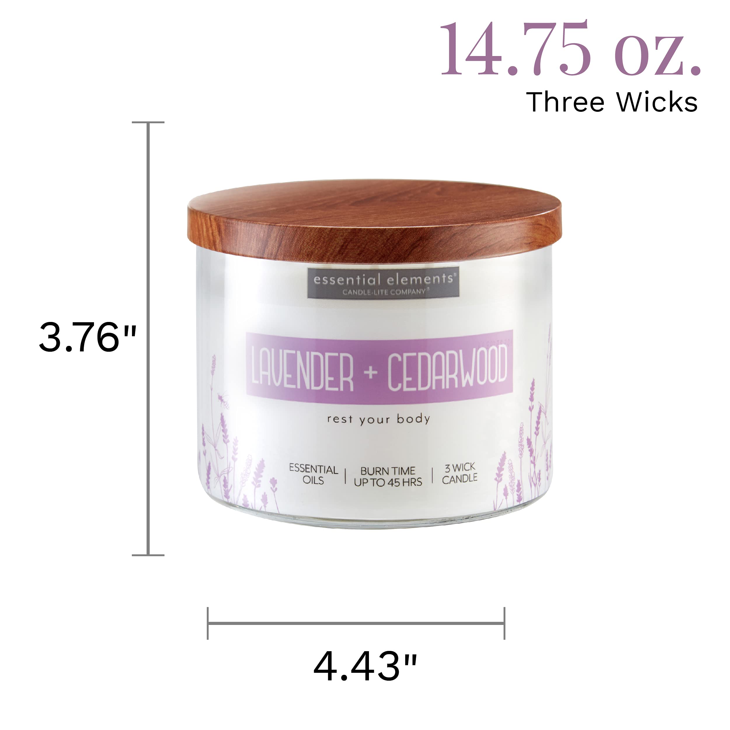 Essential Elements by Candle-lite Scented Candles, Lavender & Cedarwood Fragrance, One 14.75 oz. Three-Wick Aromatherapy Candle